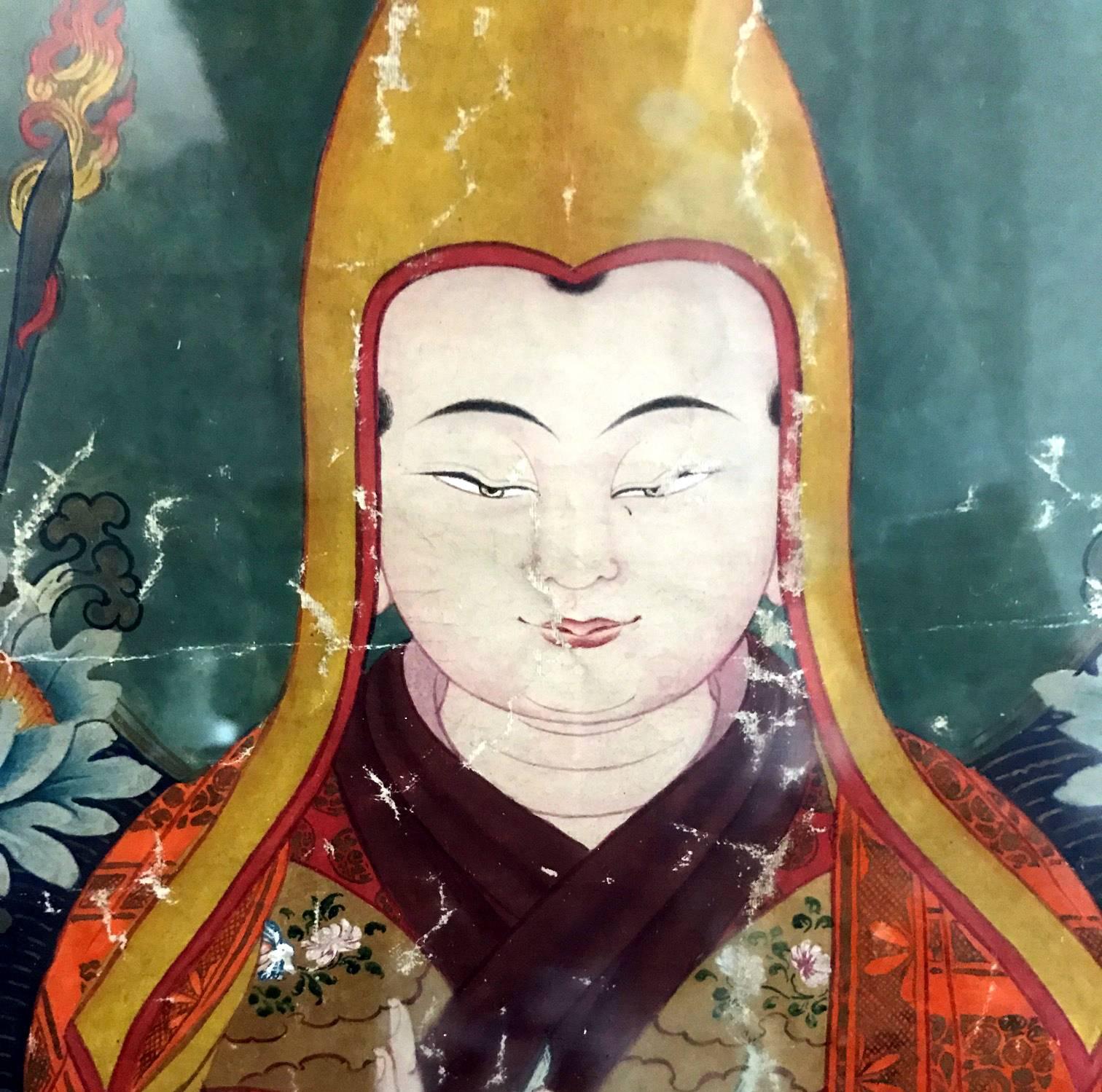 A wonderful Sino-Tibetan painted thangka depicts Je Tsongkhapa, a revered lama and teacher of Tibetan Buddhism who is also known as 