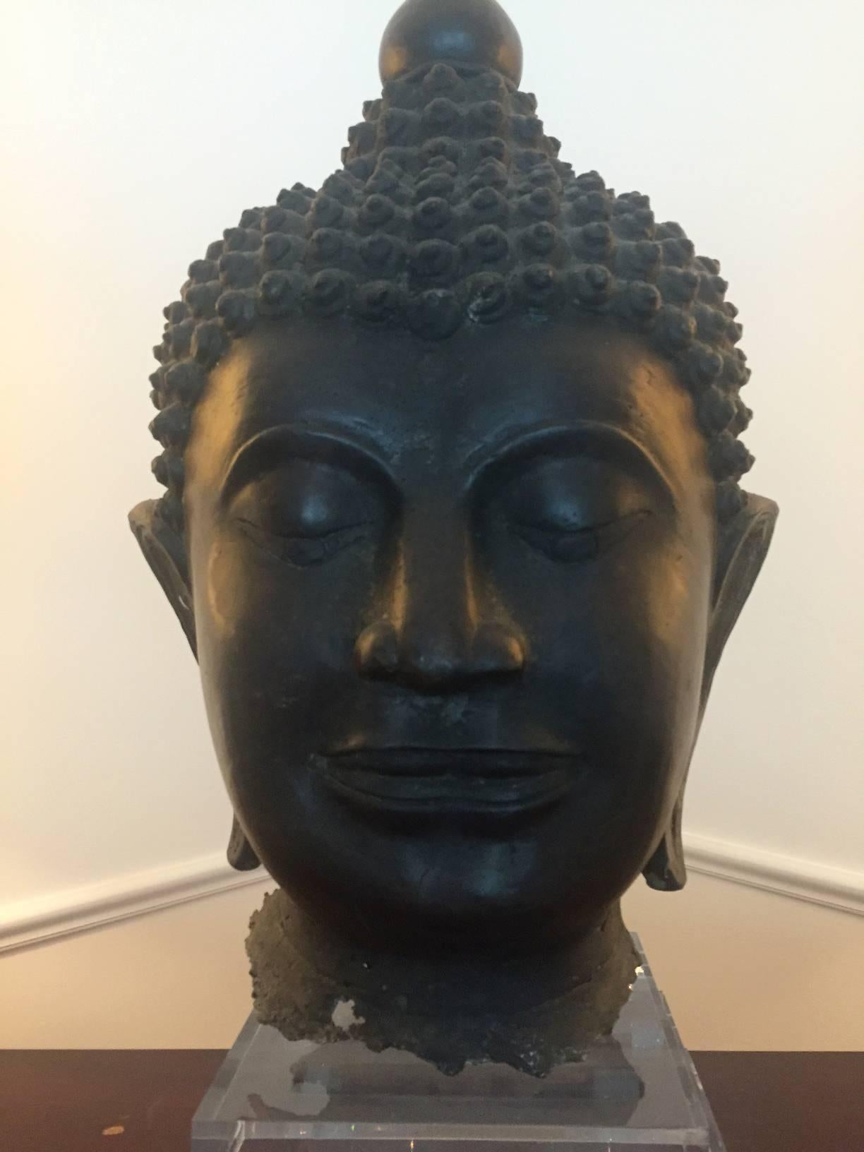 20th Century Pair of Massive Antique Bronze Buddha Head Thai Lana Kingdom