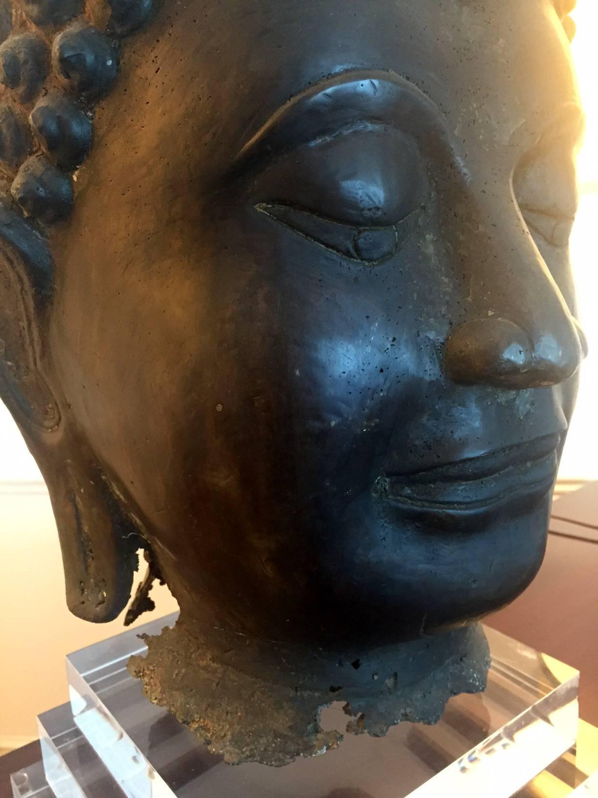 Pair of Massive Antique Bronze Buddha Head Thai Lana Kingdom 1