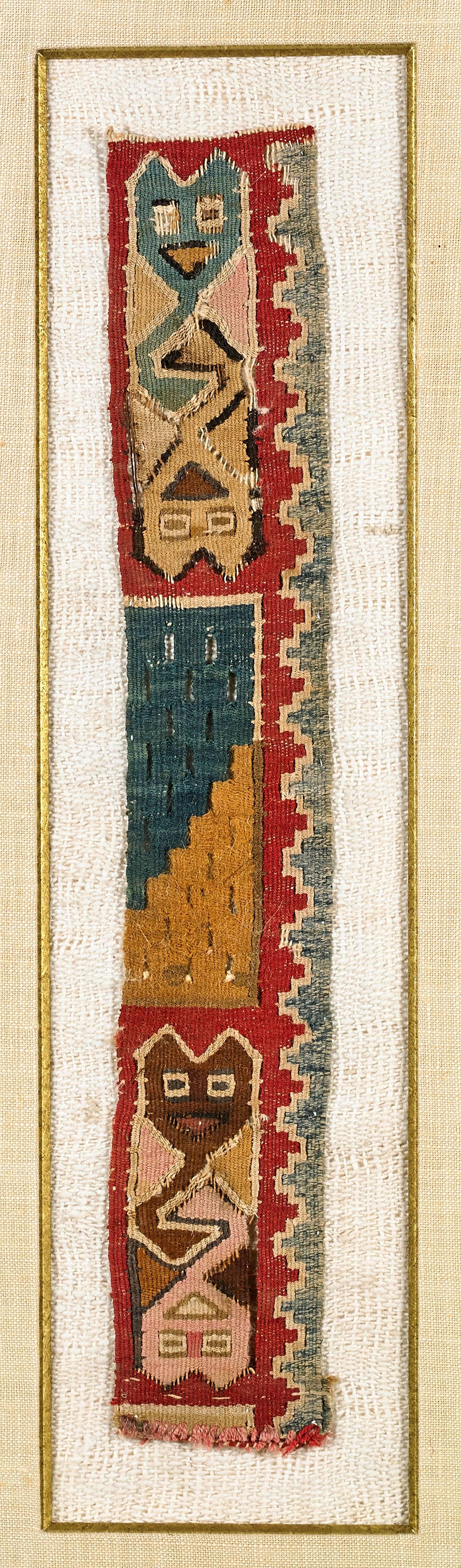 Likely Pre-Columbian Peruvian in original, this fragment of textile may be from a belt or skirting border panel. Animal motifs in geometrical designs in multicolored yarns. Nicely presented in a shadow frame with linen lining. Inner square in