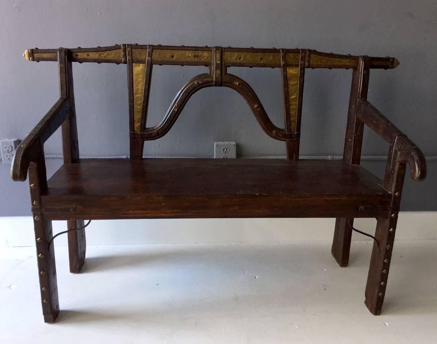 Peruvian Spanish Colonial Wood and Metal Bench For Sale