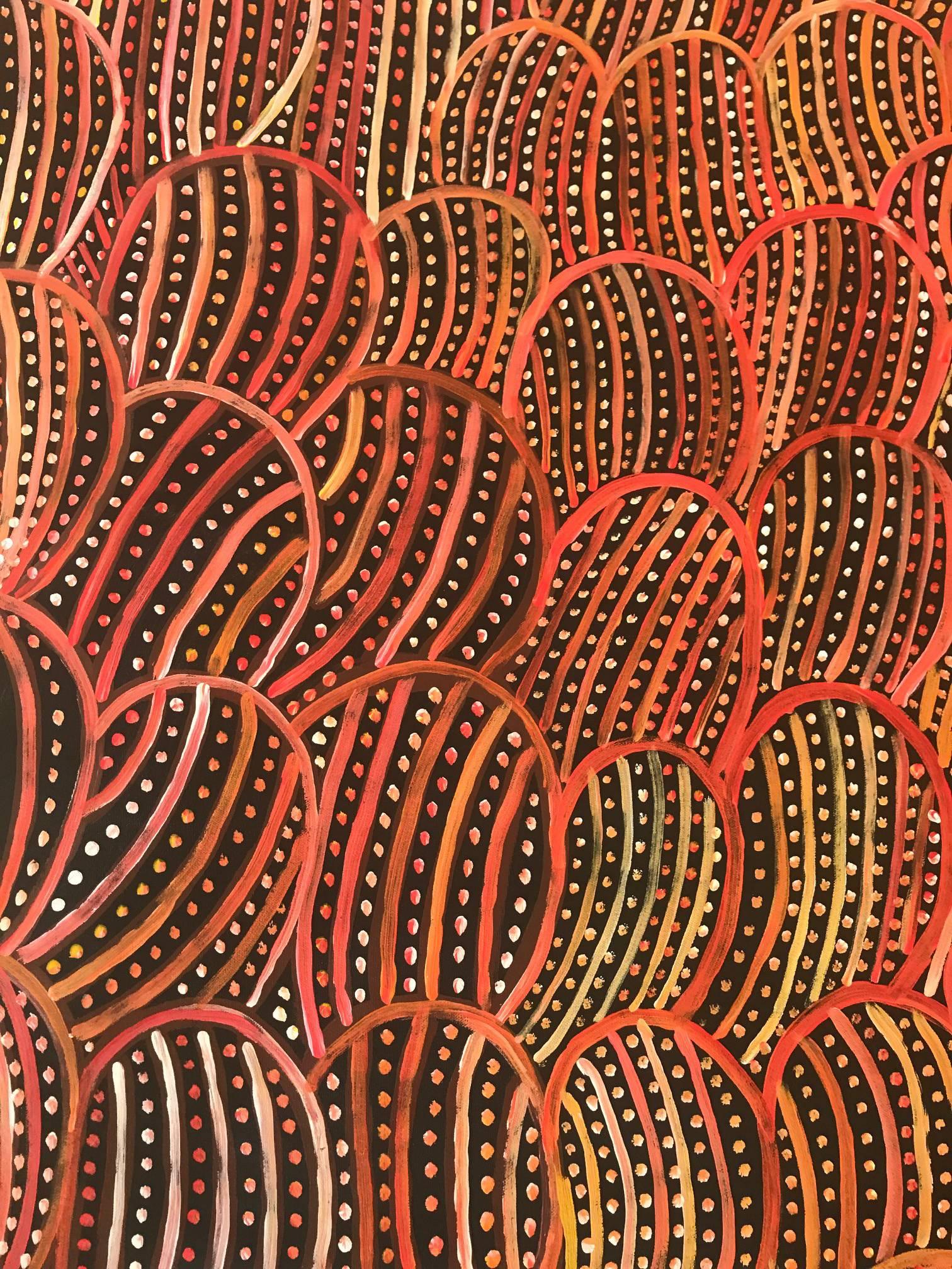 Bush Yam Dreaming
Artist: Anna Price Petyarre (circa 1965-)
Nationality: Australian
Region: Mulga Bore, Utopia
Language group: Anmatyerre
Medium: Acrylic on canvass
Measurement: 90 x 145 cm
(36.7 x 59.1 inches).