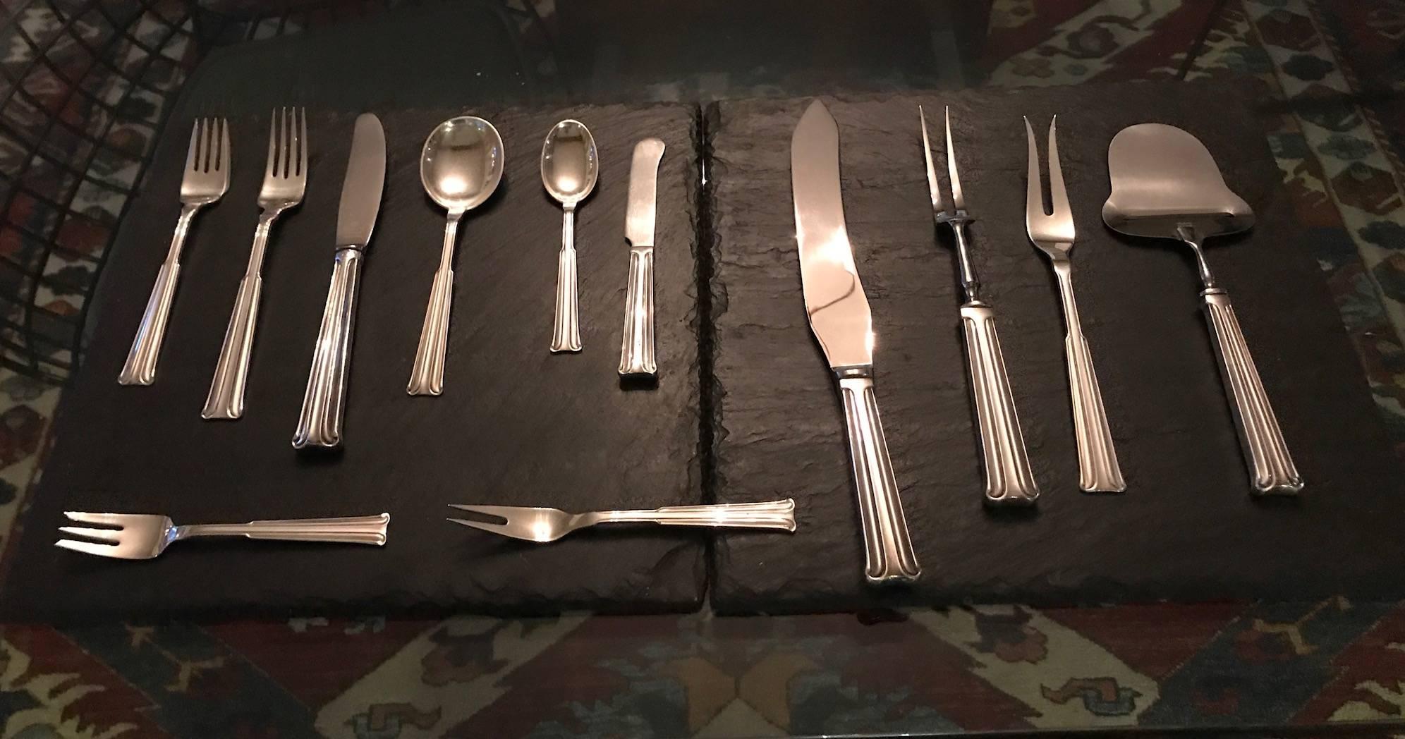 A large flatware set of 88 pieces from Denmark, circa 1960s, in a very elegant pattern, made by silversmith Orla Vagn Mogensen (1949-1975) who also designed for Georg Jensen
This comprehensive set is stunning in condition and all hallmarked as