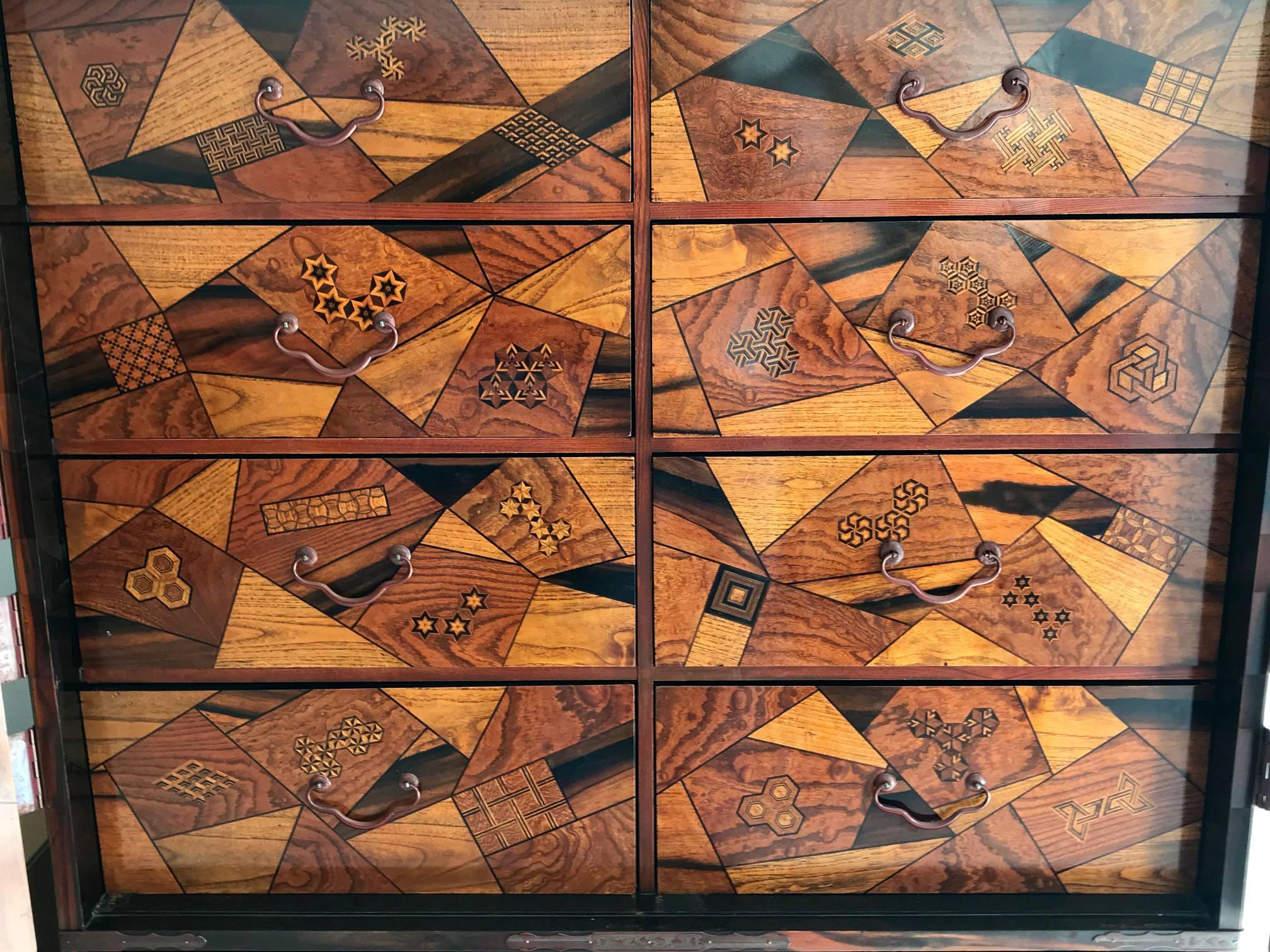 Japonisme Rare Japanese Export Marquetry Cabinet with Drawers on Stand For Sale