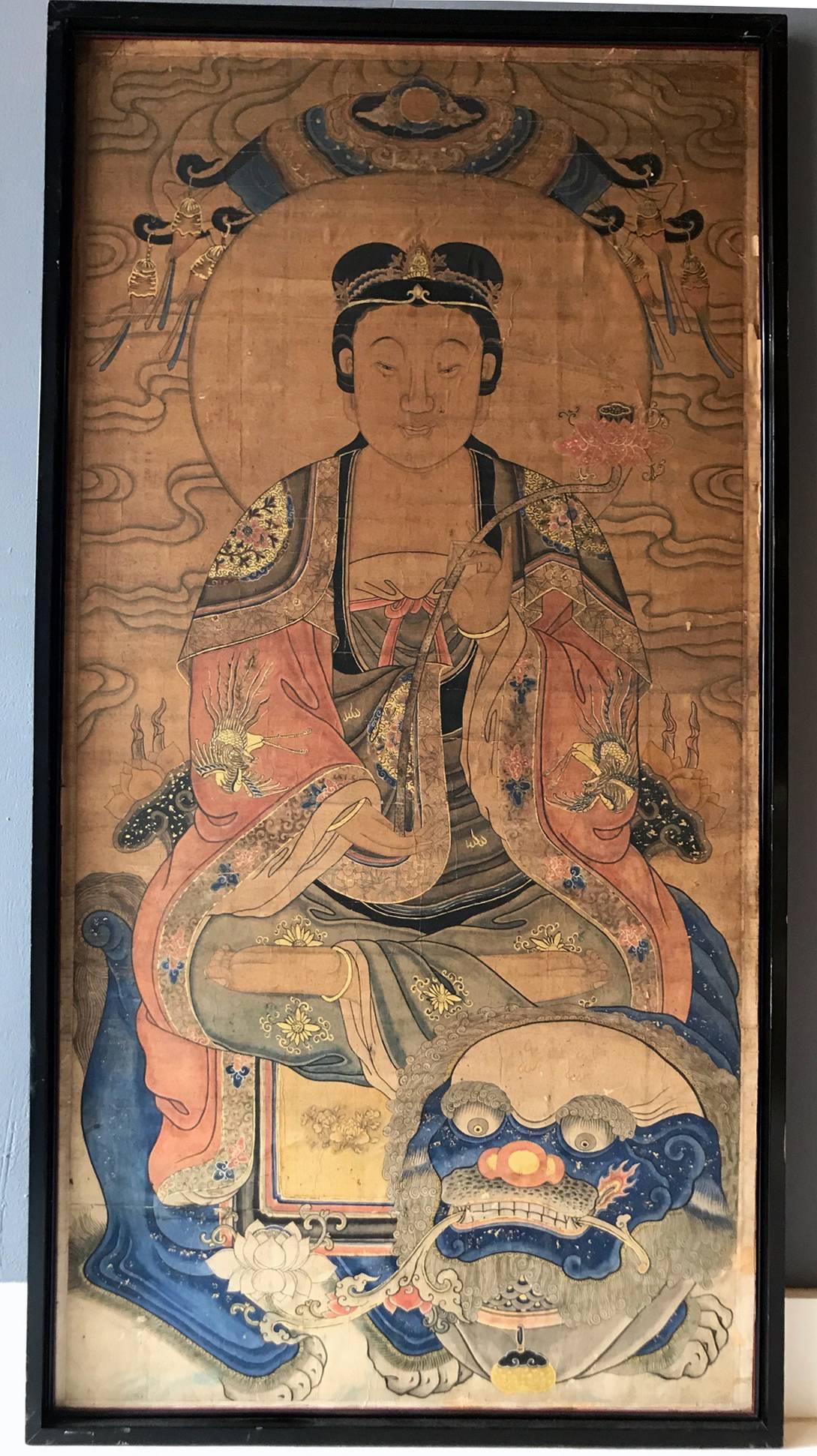 A rare pair of large Buddhism paintings that depicts Shakyamuni Buddha and Manjushri Bodhisattva. These antique paintings were made with ink, color and gilt on paper and executed in a Ming dynasty style and iconography. They are likely dated to the