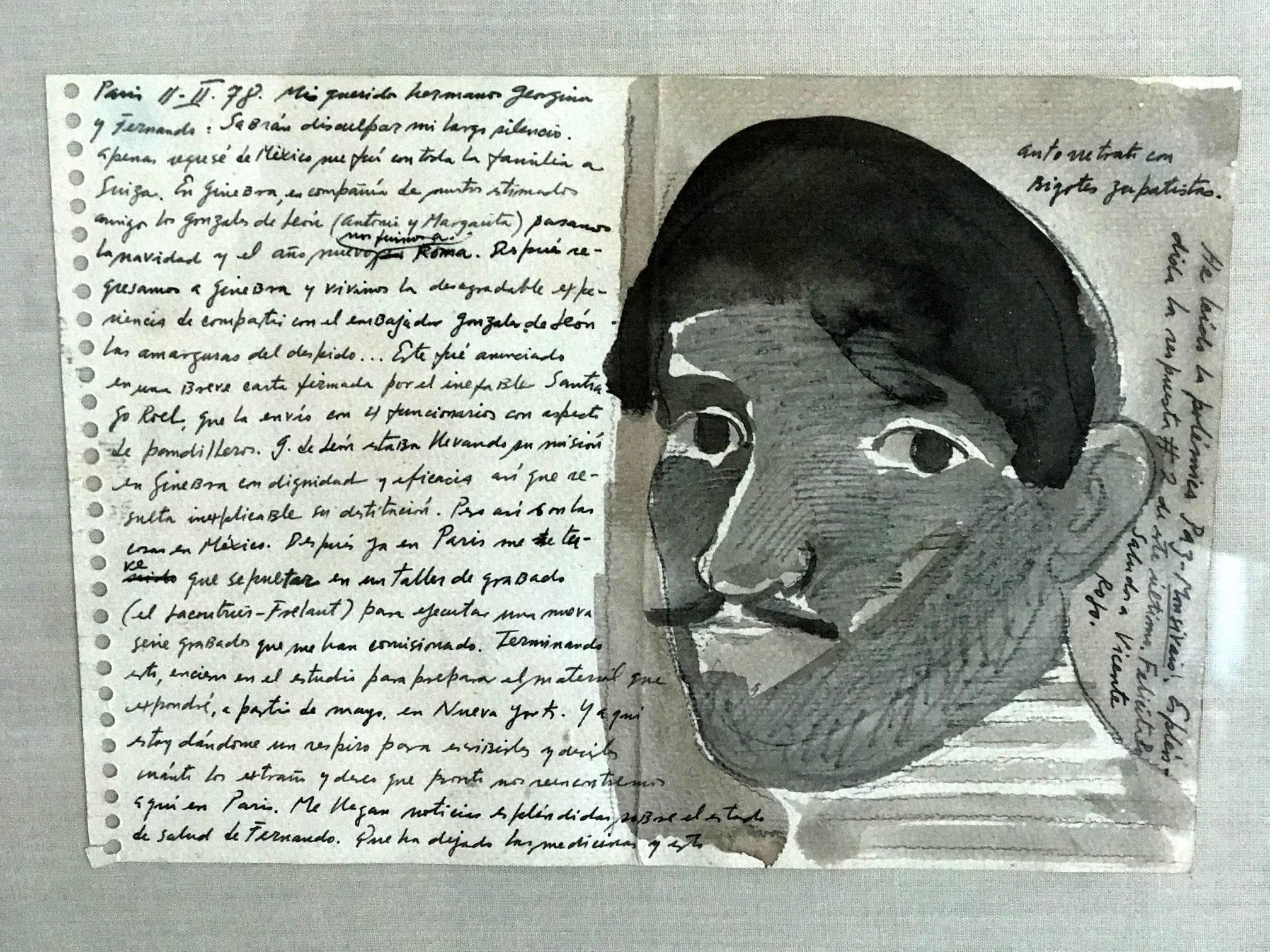 Two small drawings and writings made in Paris in 1978 by Mexican artist Jose Luis Cuevas. They were framed together as a pair. Each features a figurative drawings, one of which might be a self-portrait of the artist, and very dense diary-like