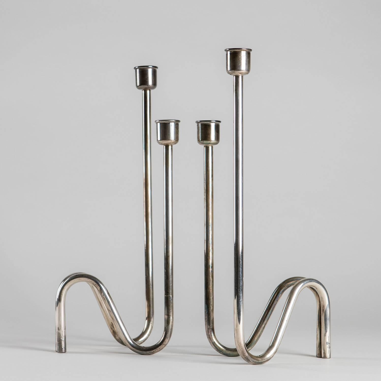 Italian Pair of Silver Plated Candleholder by Lino Sabattini