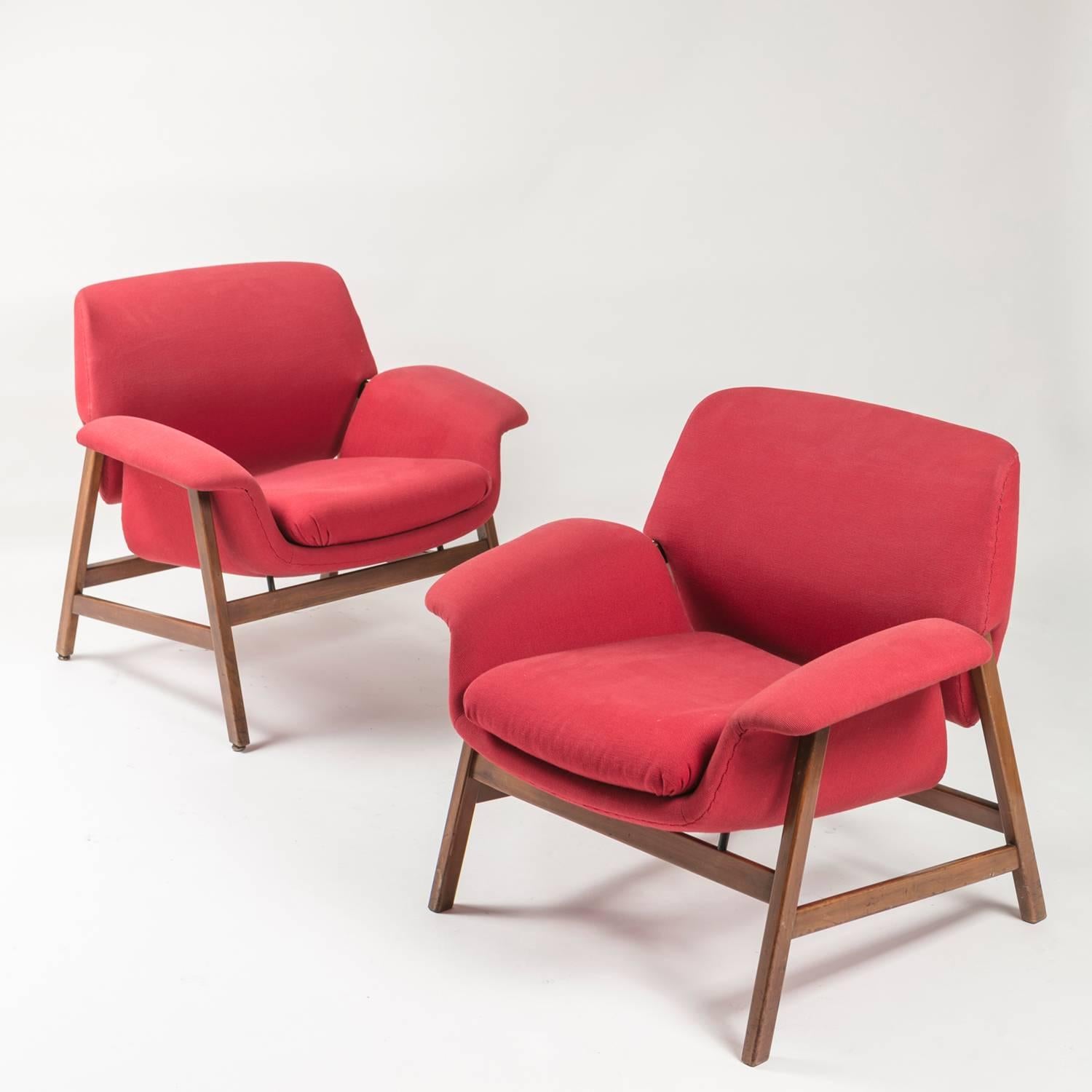 Remarkable set of two armchairs model 849 by Gianfranco Frattini for Cassina.
Thin wood frame supports two detached upholstered shells.
 