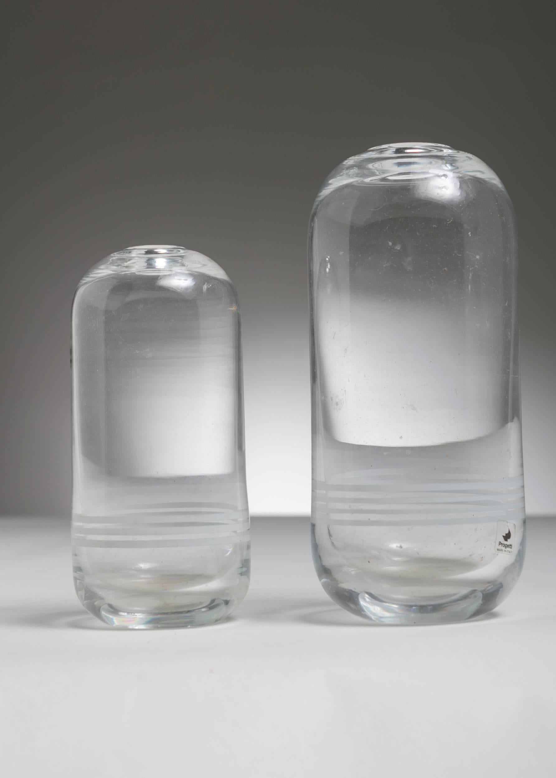 Pair of crystal vases by Gianfranco Frattini for Progetti.
Milky glass decoration on transparent body.
Size of the big piece.