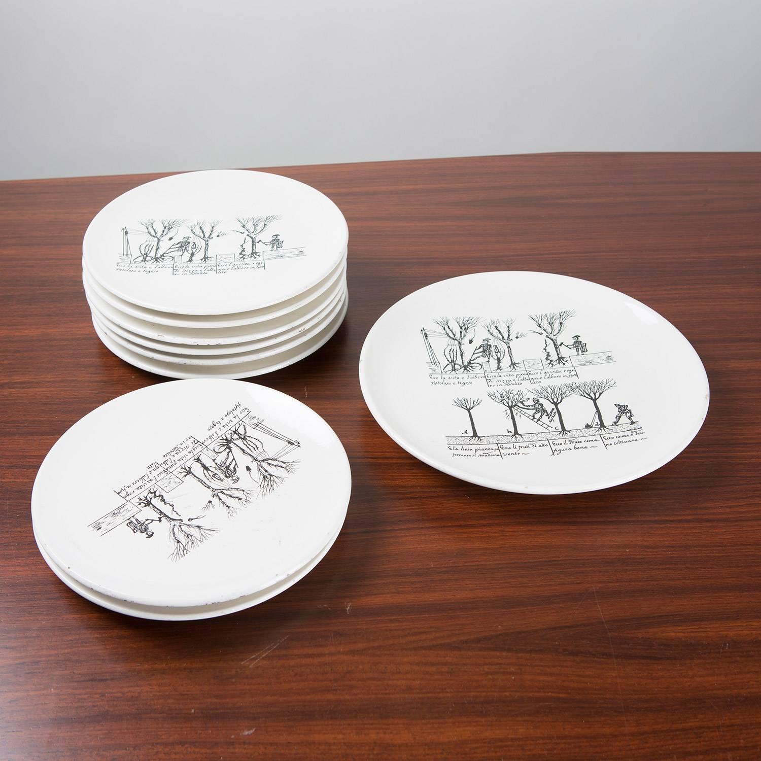 Rare set of 9 ceramic plates by Enzo Bioli for Il Picchio.
8 dining plates and another bigger piece. Beautiful drawings with metaphoric depiction.