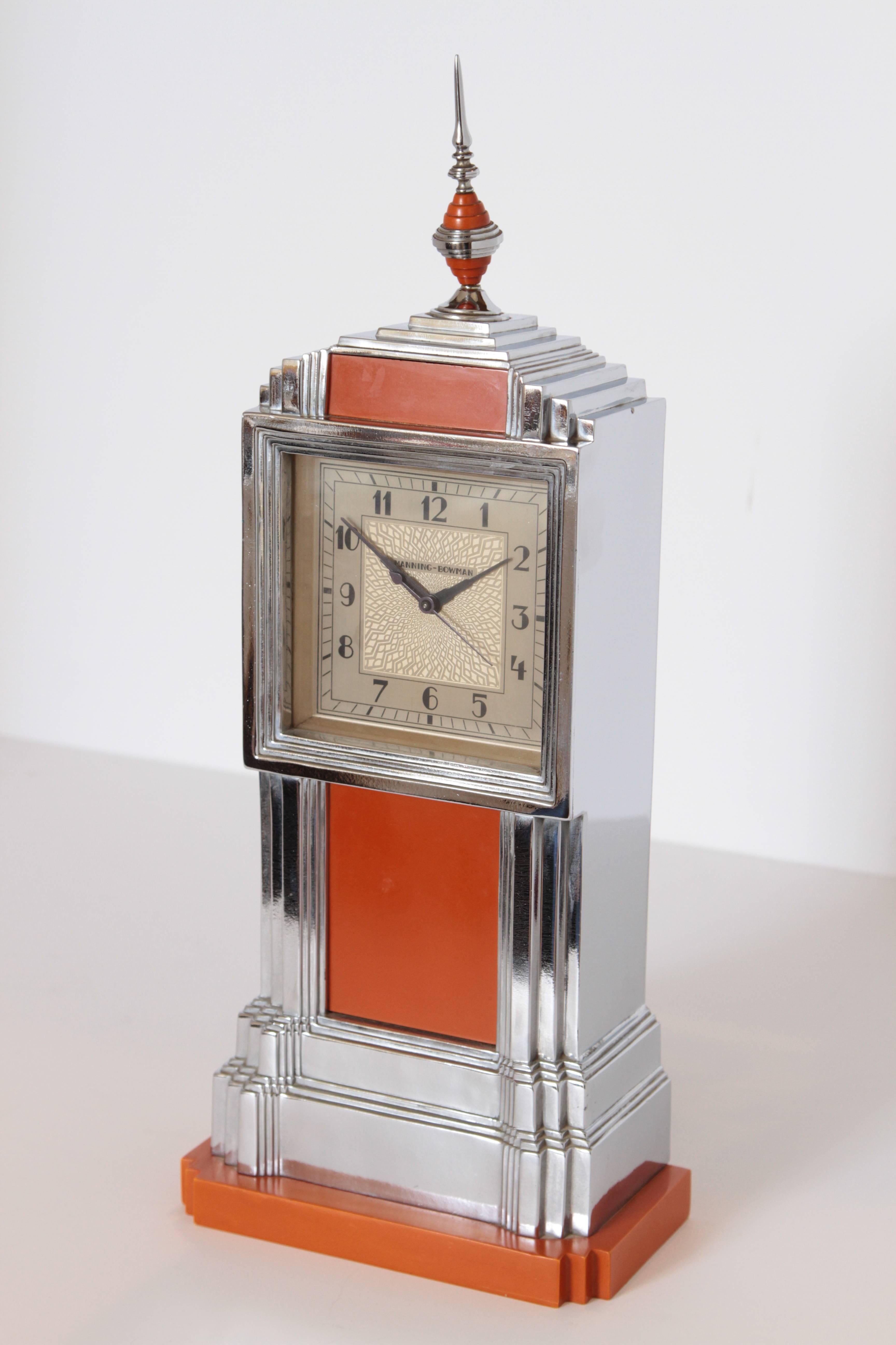 Machine age art deco manning bowman skyscraper clock, complete

Iconic machine age design.
Clock is complete with elusive original finial and appears to have it's original silk-wrapped cord.
Chrome is very good, catalin is very good and evenly