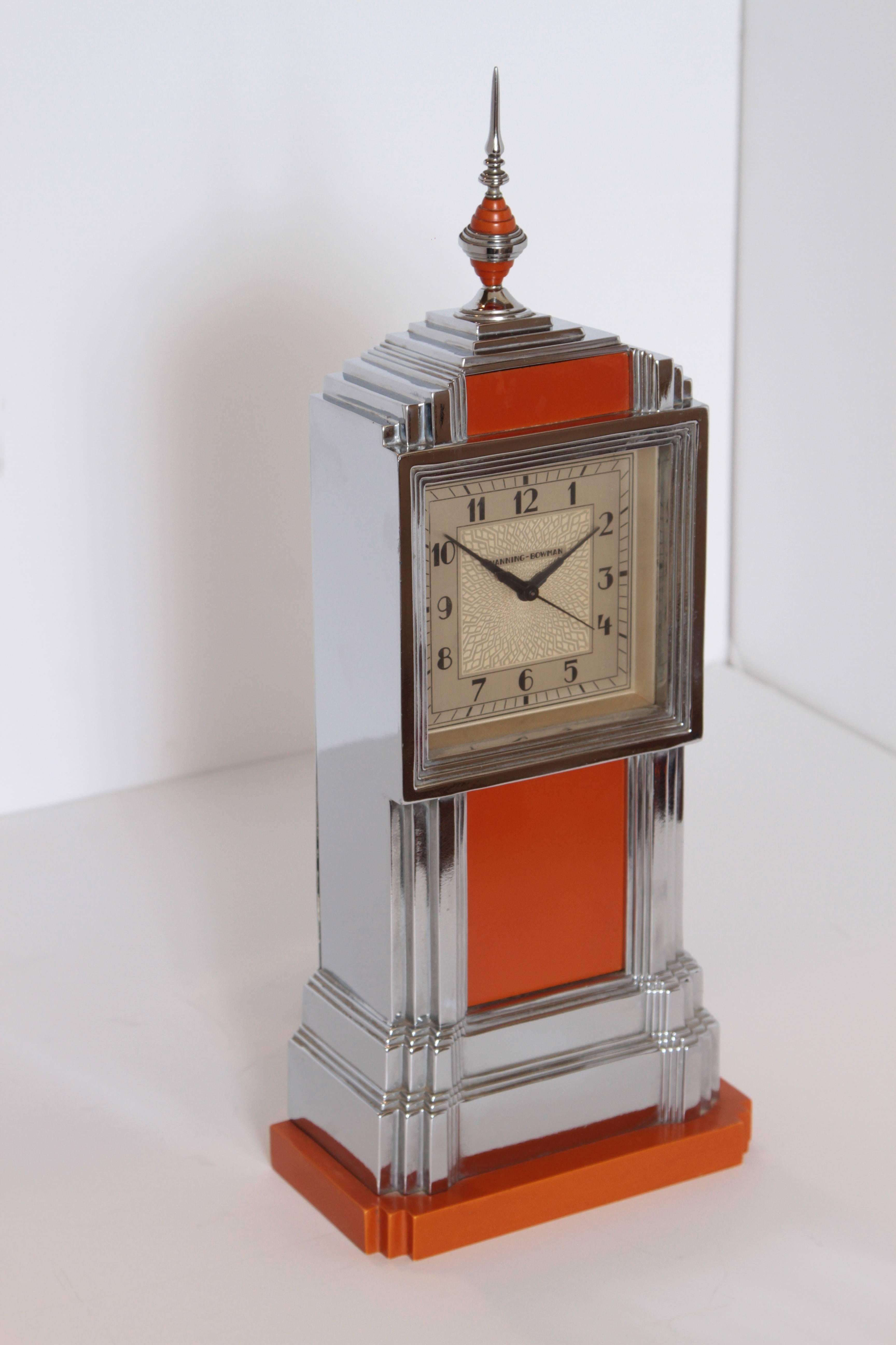 Enamel Machine Age Art Deco Manning Bowman Skyscraper Clock, Complete