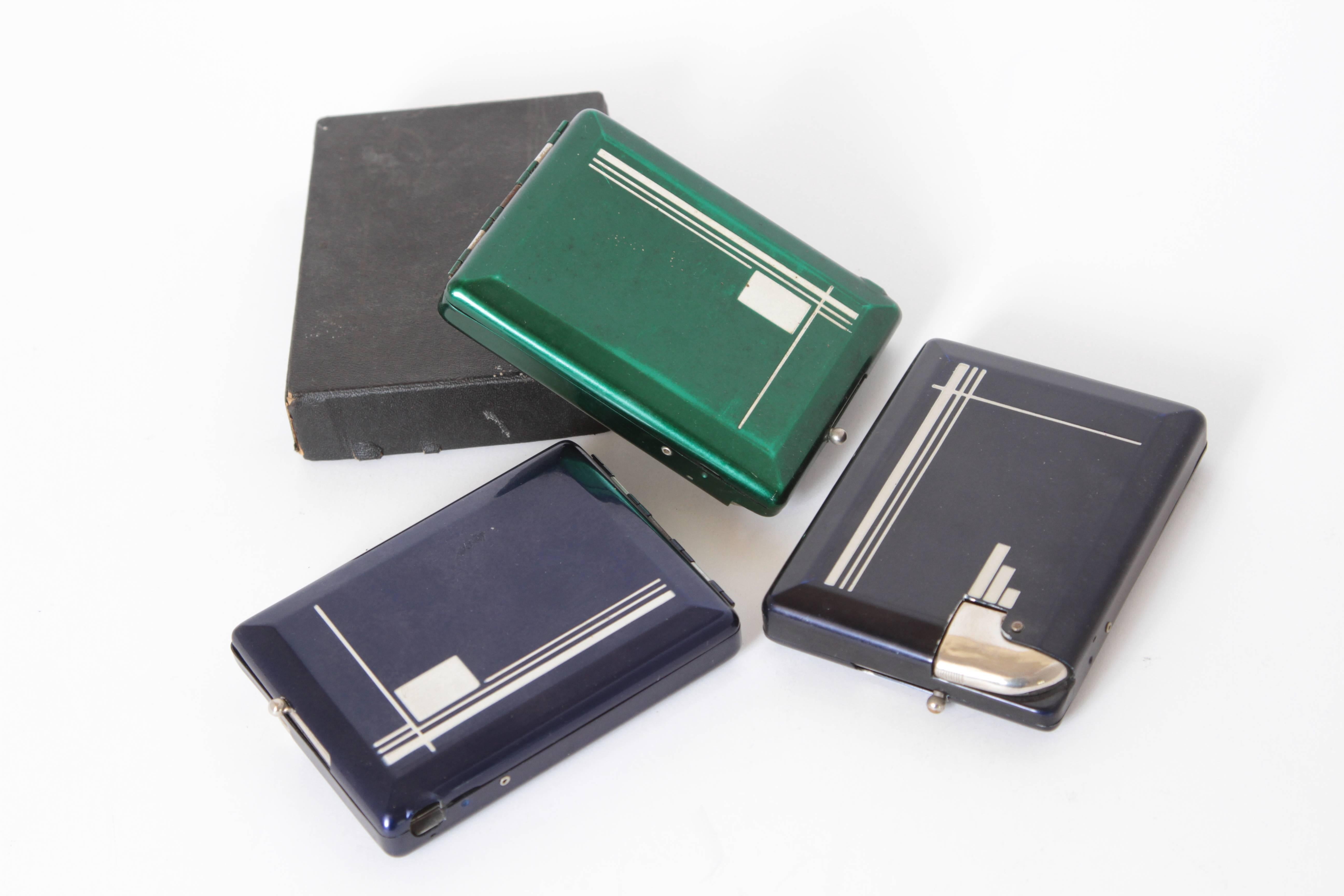 Enameled Machine Age Art Deco Magic Case Automatic Cigarette Case and Lighter For Sale