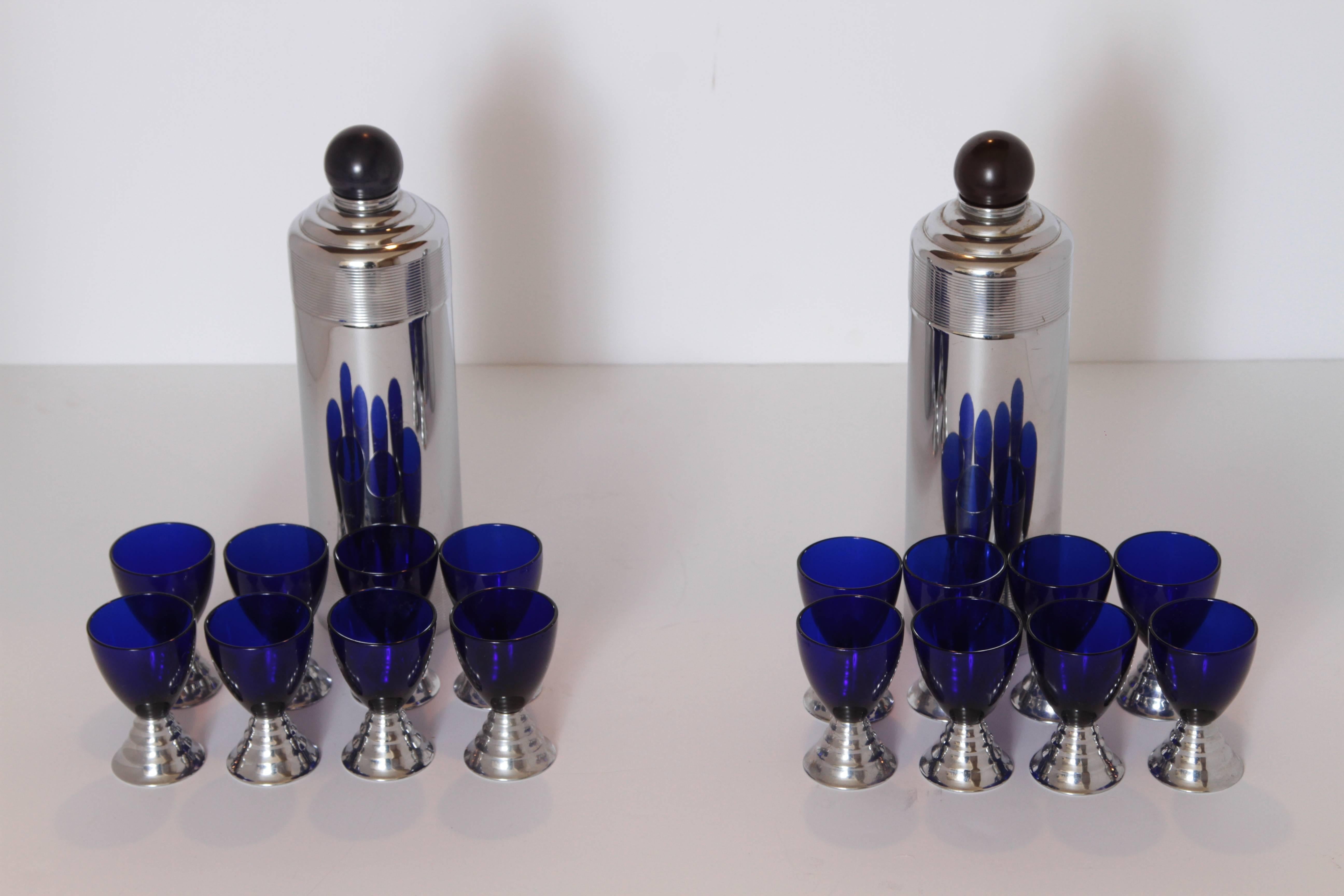 American Machine Age Art Deco Chase Chrome Blue Moon Cocktail Sets (ONE SET SOLD)