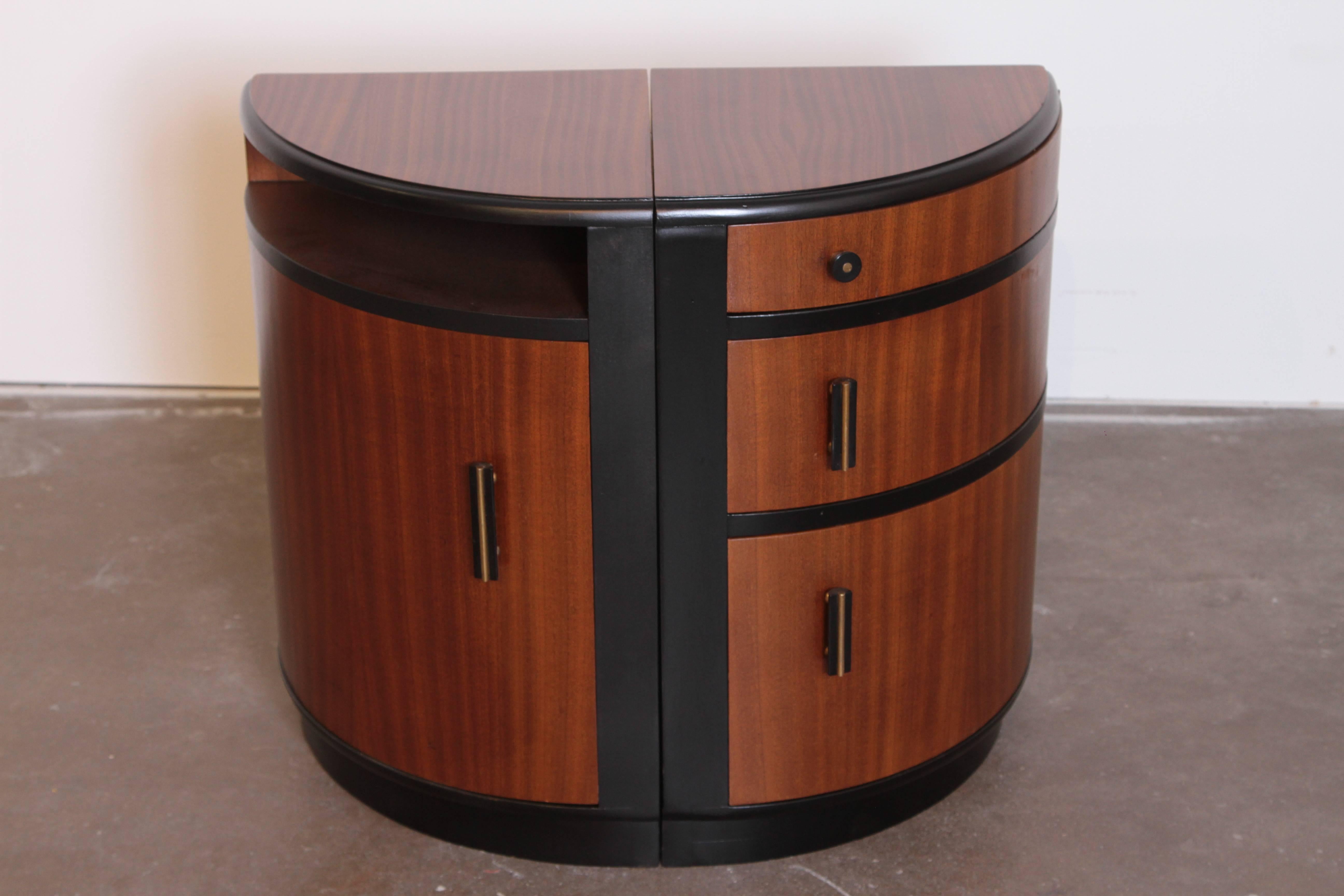 Art Deco Half Demilune Corner or Occasional Book-matched Tables, Ribbon Mahogany / black lacquer
Matched Pair, Making Full Demi-lune.  Demi lune.

Versatile pair for corner placement, combined placement, opposite placement, end placement, etc.
Both