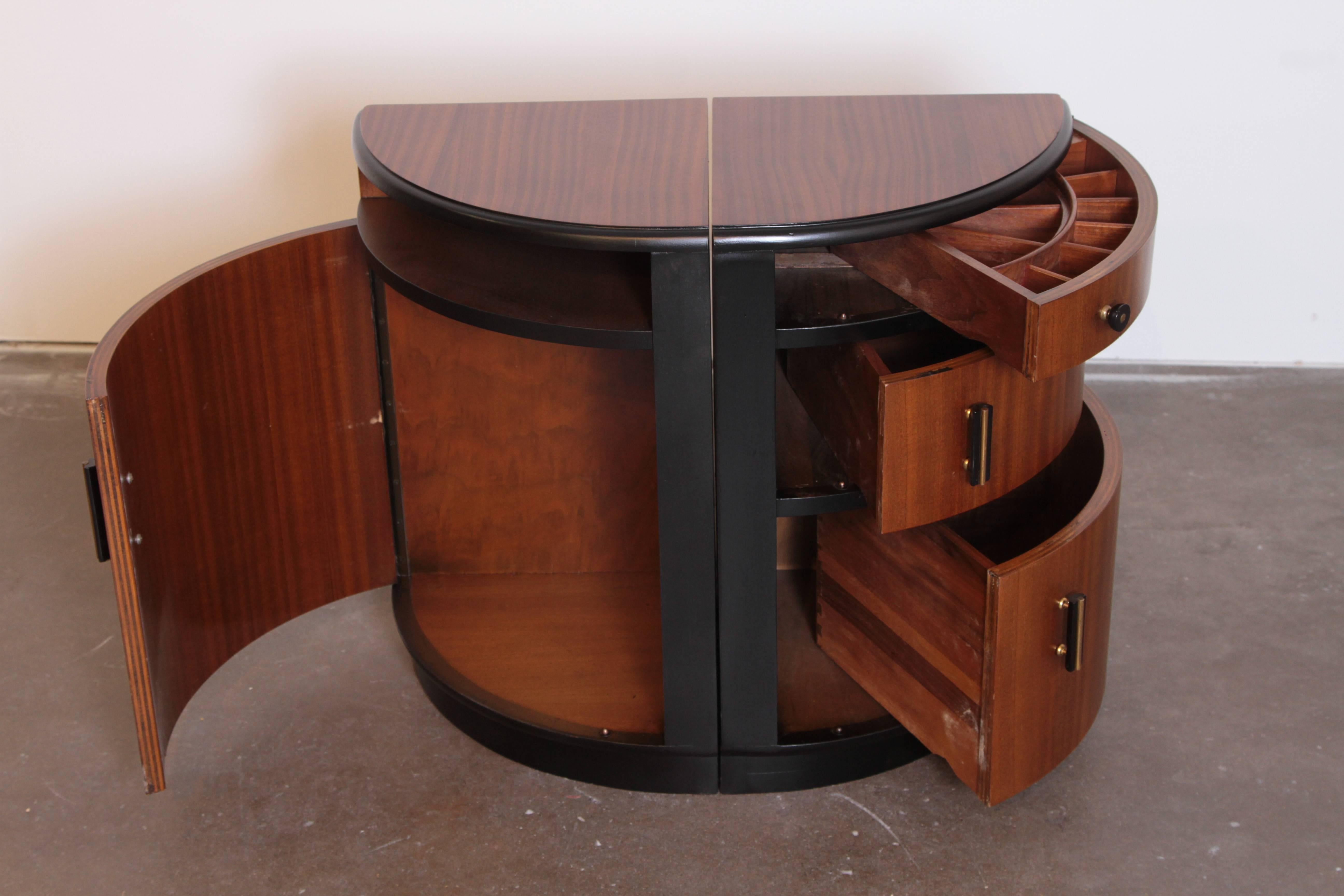 Lacquered Art Deco Half Demilune Corner or Occasional Tables, Ribbon Mahogany, Pair 