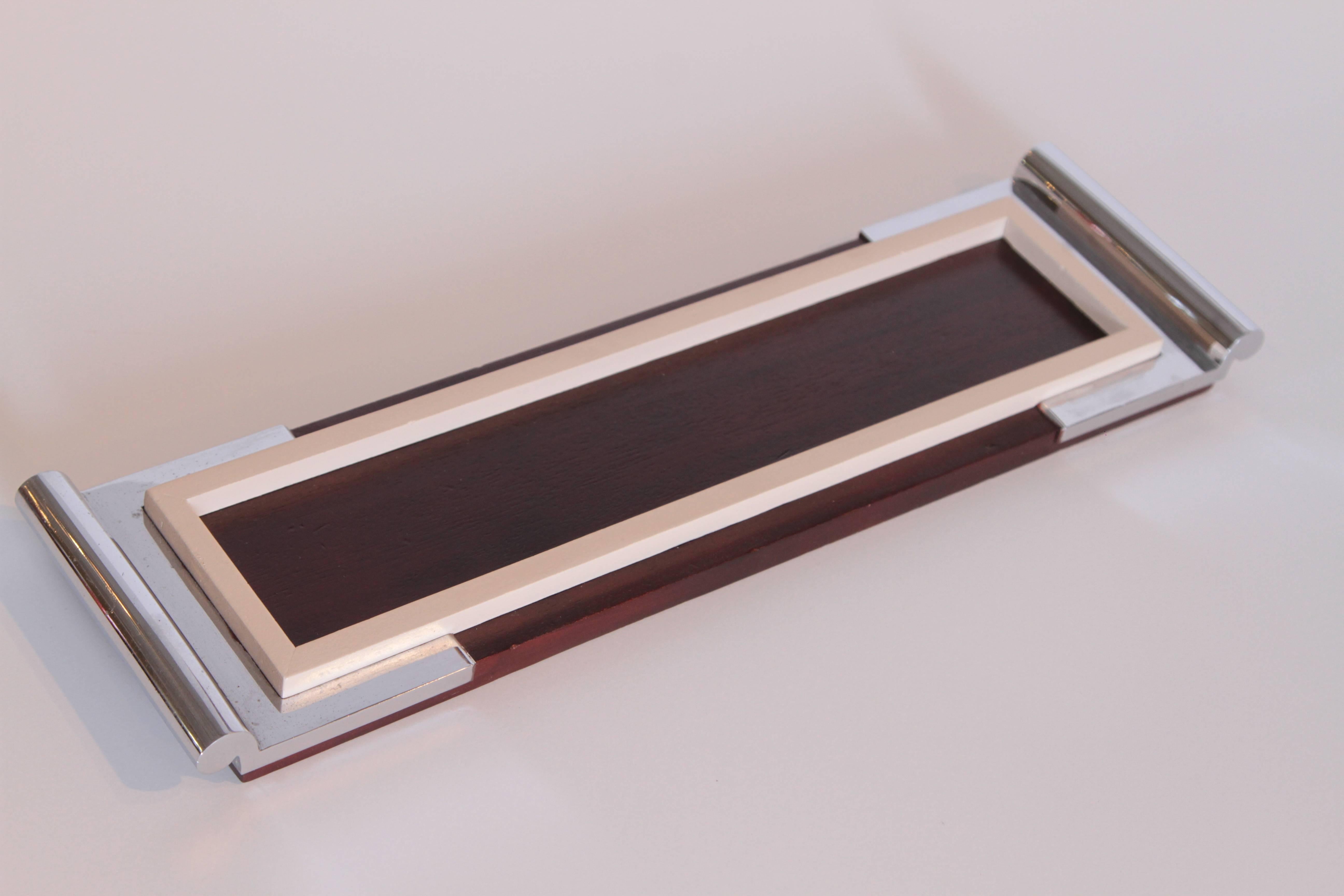 Art Deco Machine Age Asprey Drinks Tray in Mahogany/Ivory Lacquer/Chrome 2