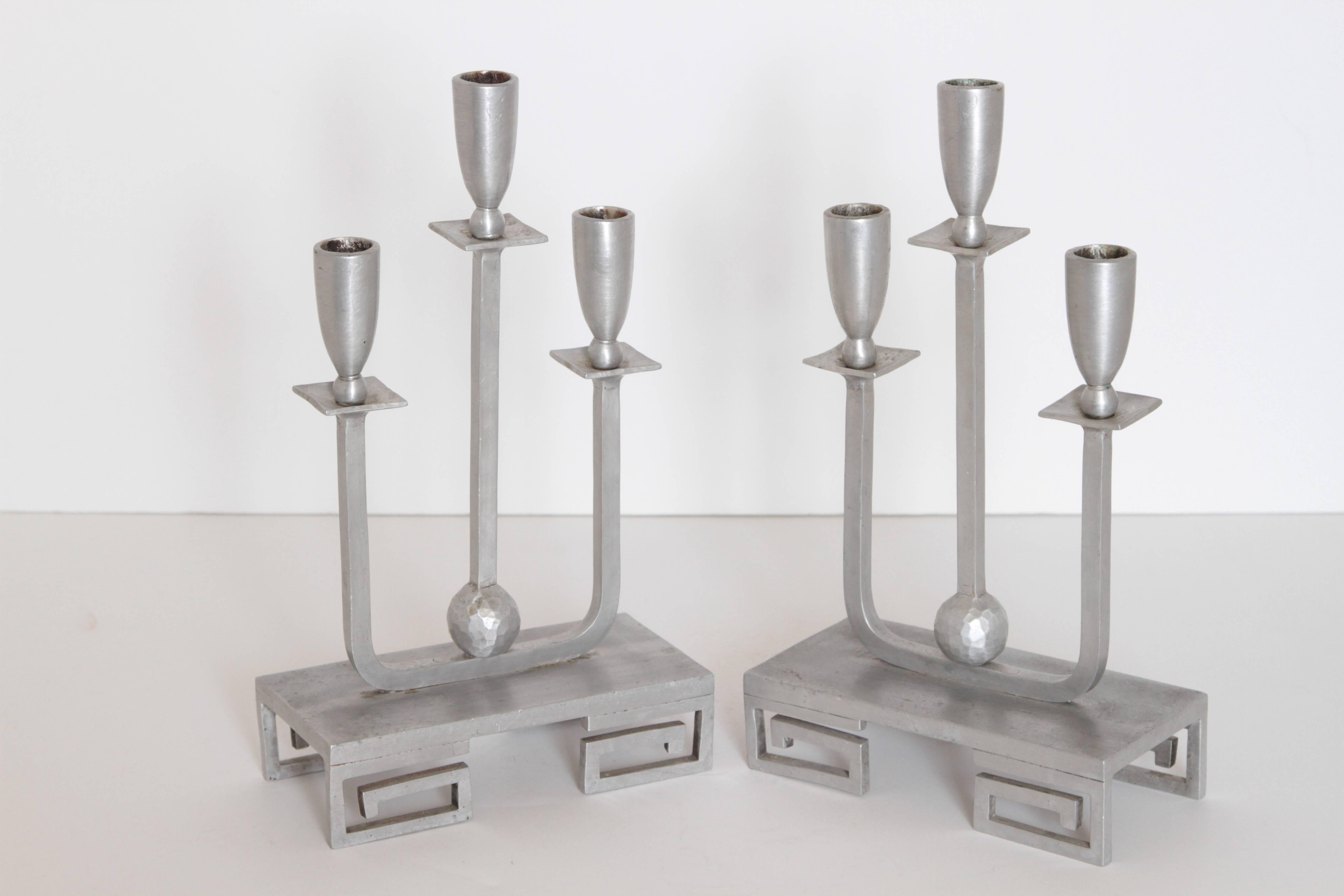 Hammered Machine Age Hand-Wrought Aluminium Palmer Smith Candlestick Holders, Two Pairs For Sale