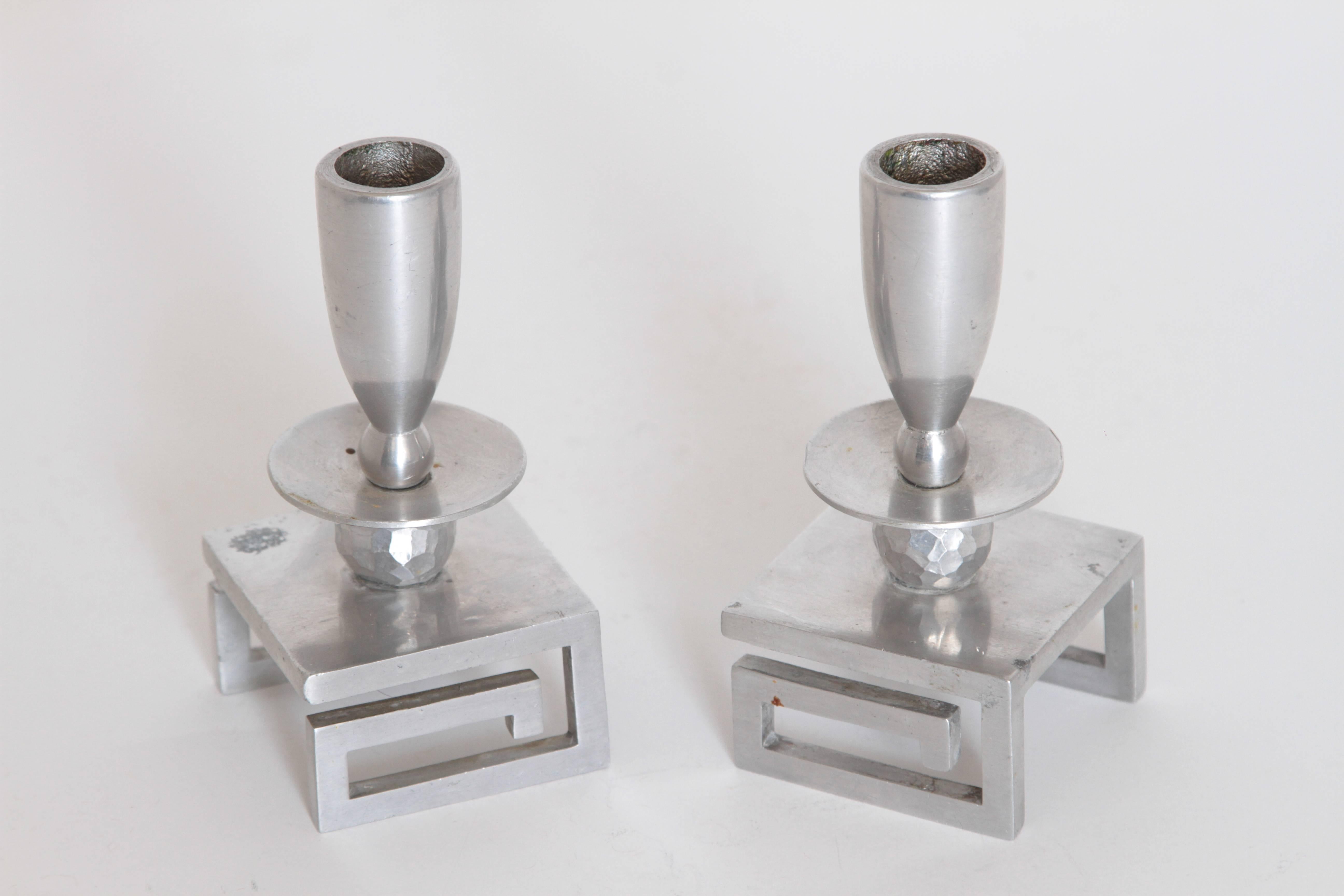 Machine Age Hand-Wrought Aluminium Palmer Smith Candlestick Holders, Two Pairs In Good Condition For Sale In Dallas, TX