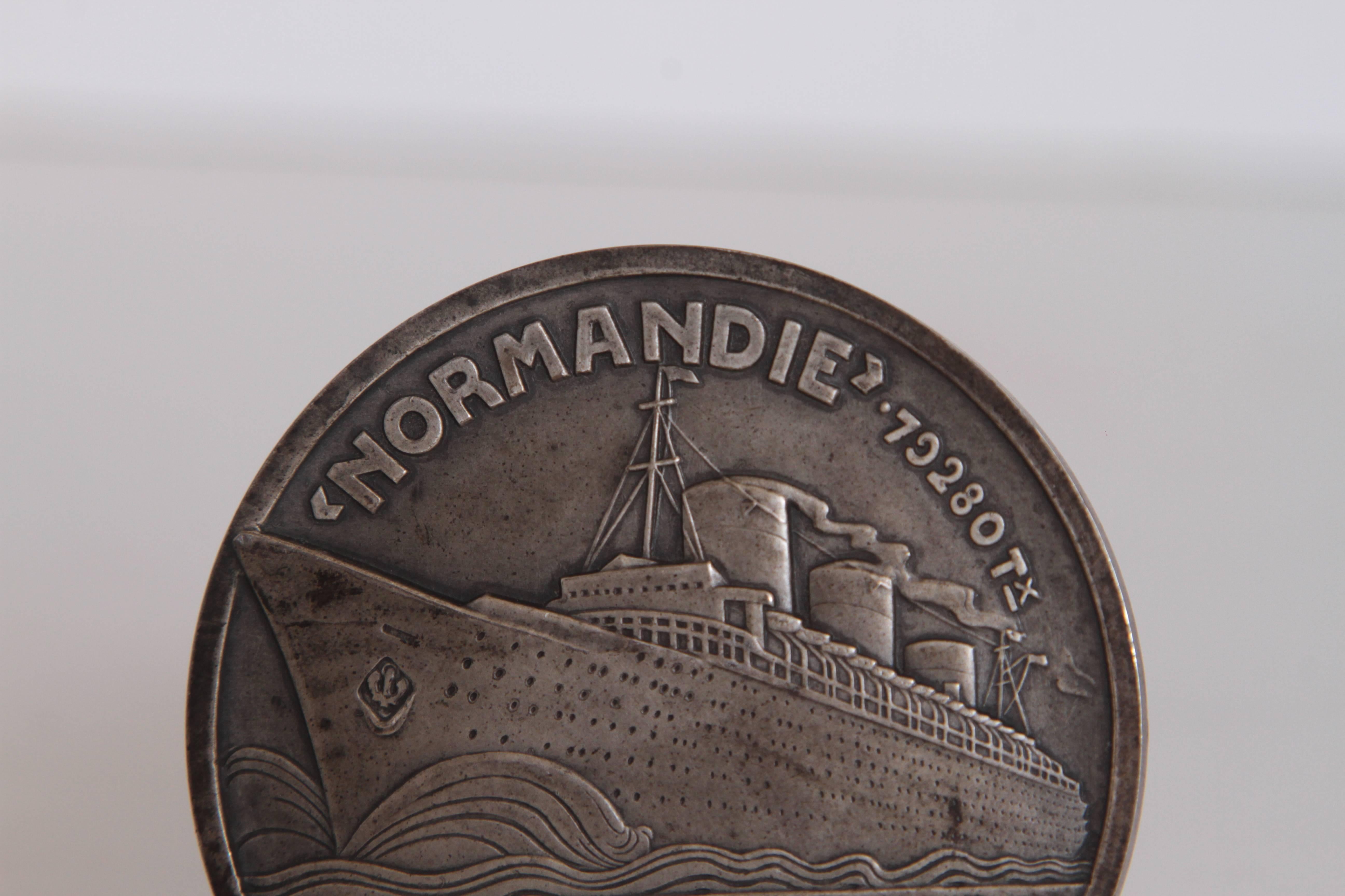 Art Deco French Normandie Medallion by Jean Vernon Silvered Bronze 4