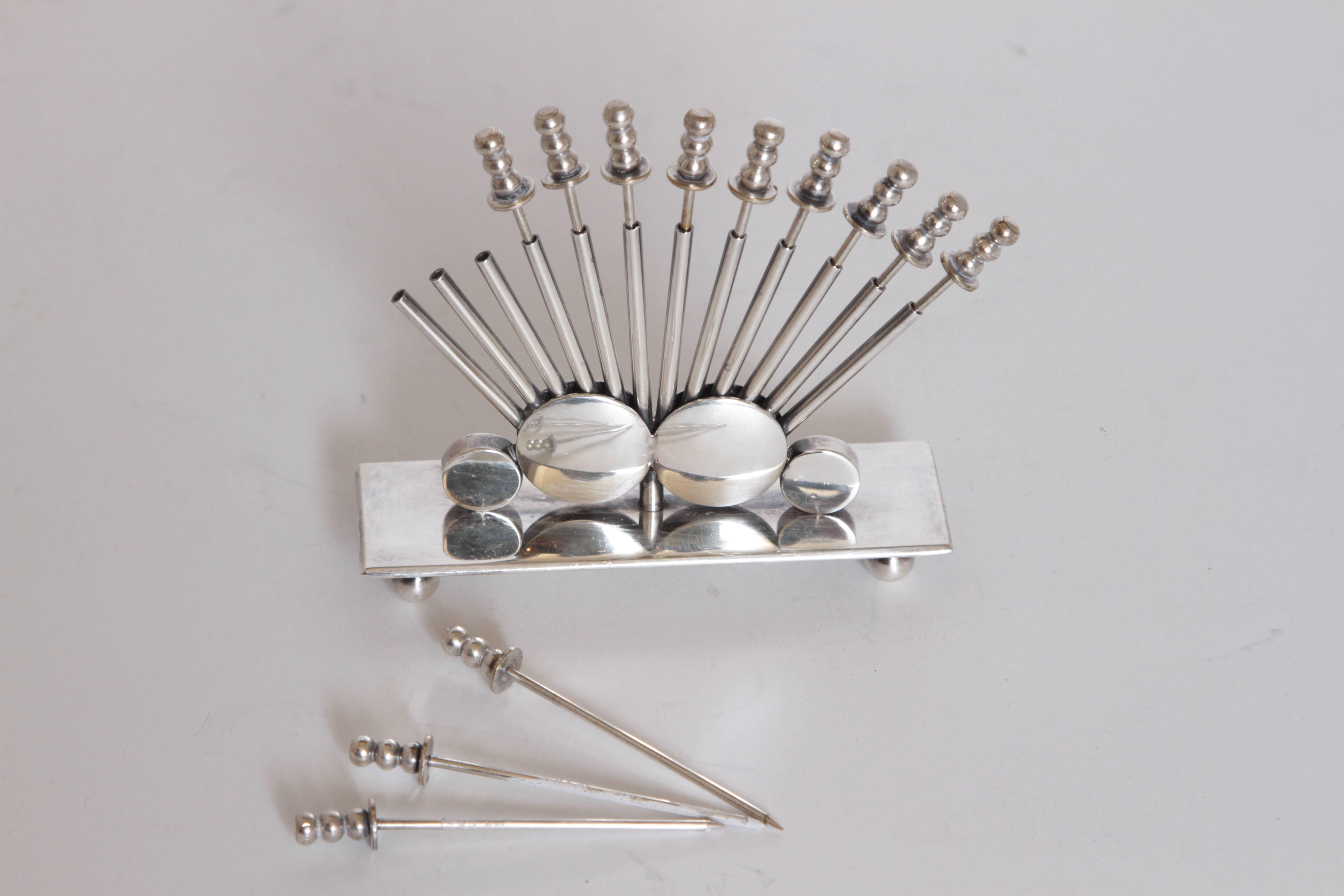 Mid-20th Century Machine Age Art Deco Eberle Silver Plate Cocktail Pick Set