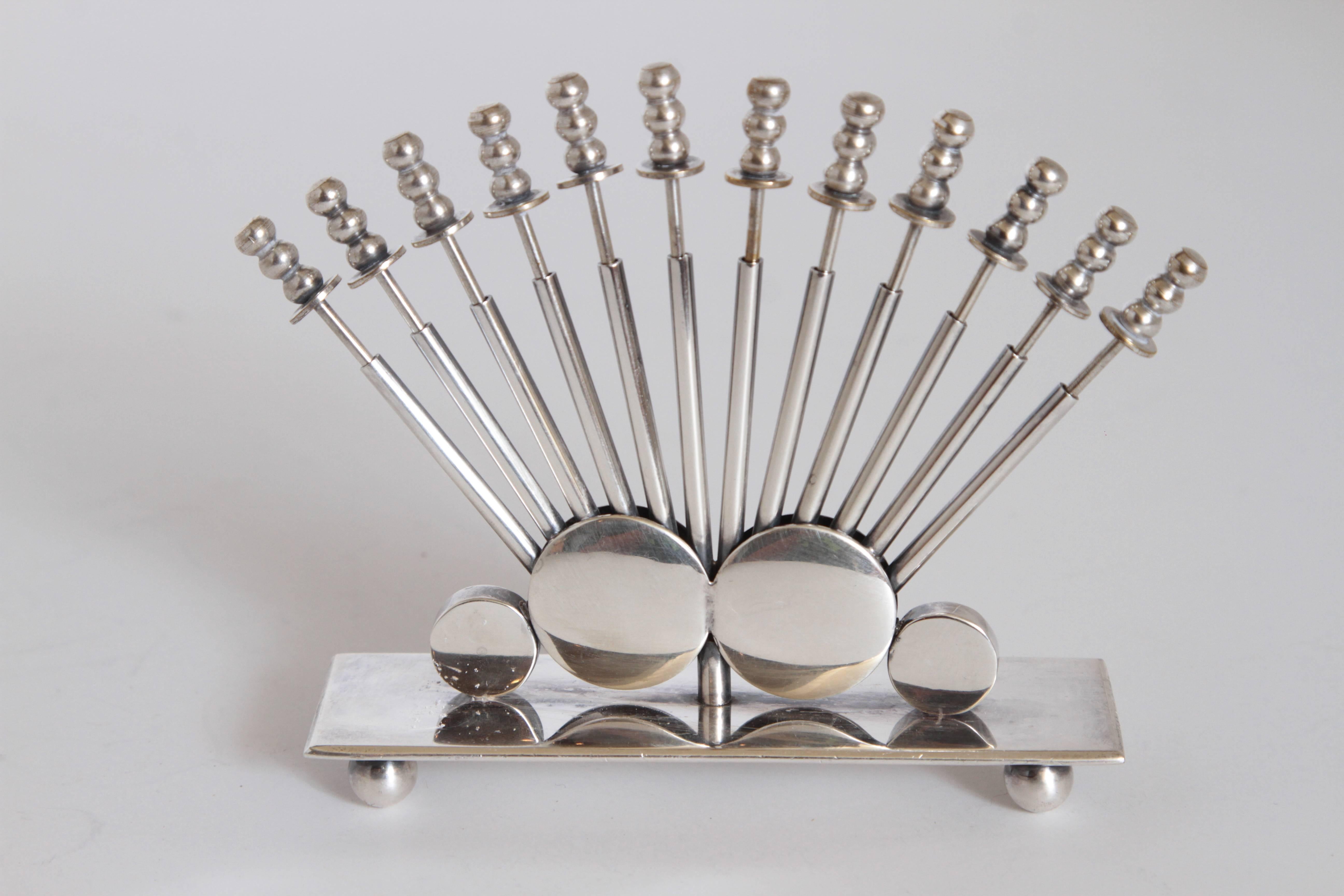 Machine Age Art Deco Eberle Silver Plate Cocktail Pick Set 4