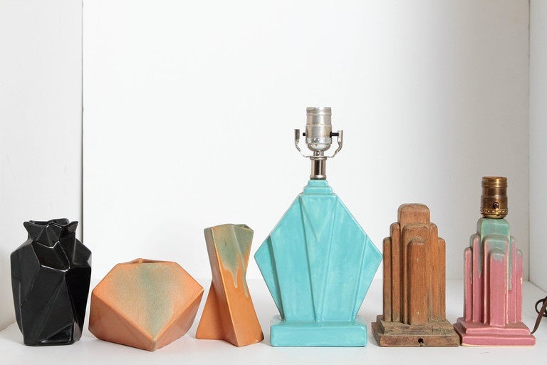 Two Rhombic lamp bases, plus rare third original Muncie wooden factory mold.
Three vases.
Very good original condition, please contact dealer directly with questions.