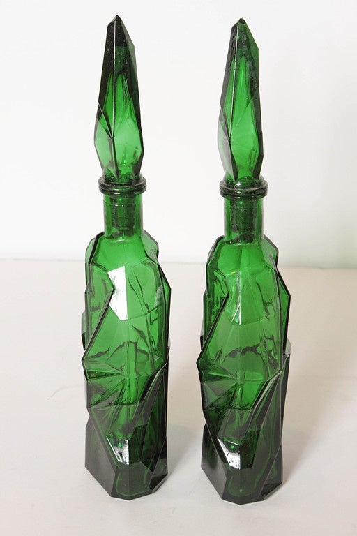 Art Deco Massive Pair of Yugoslavian Ruba Rombic Cubist Stoppered Bottles