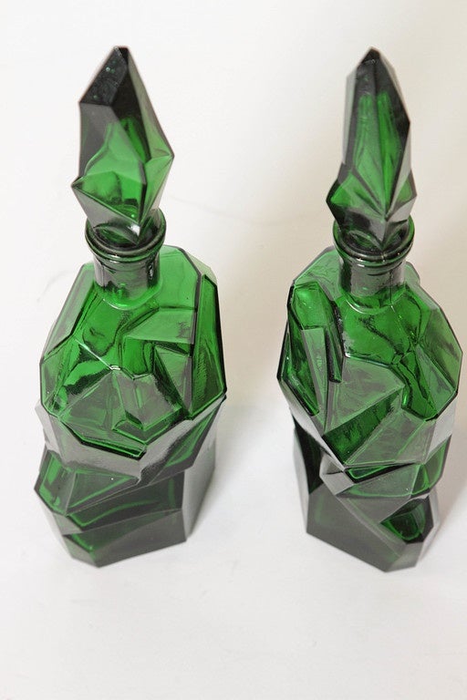Massive Pair of Yugoslavian Ruba Rombic Cubist Stoppered Bottles In Good Condition In Dallas, TX