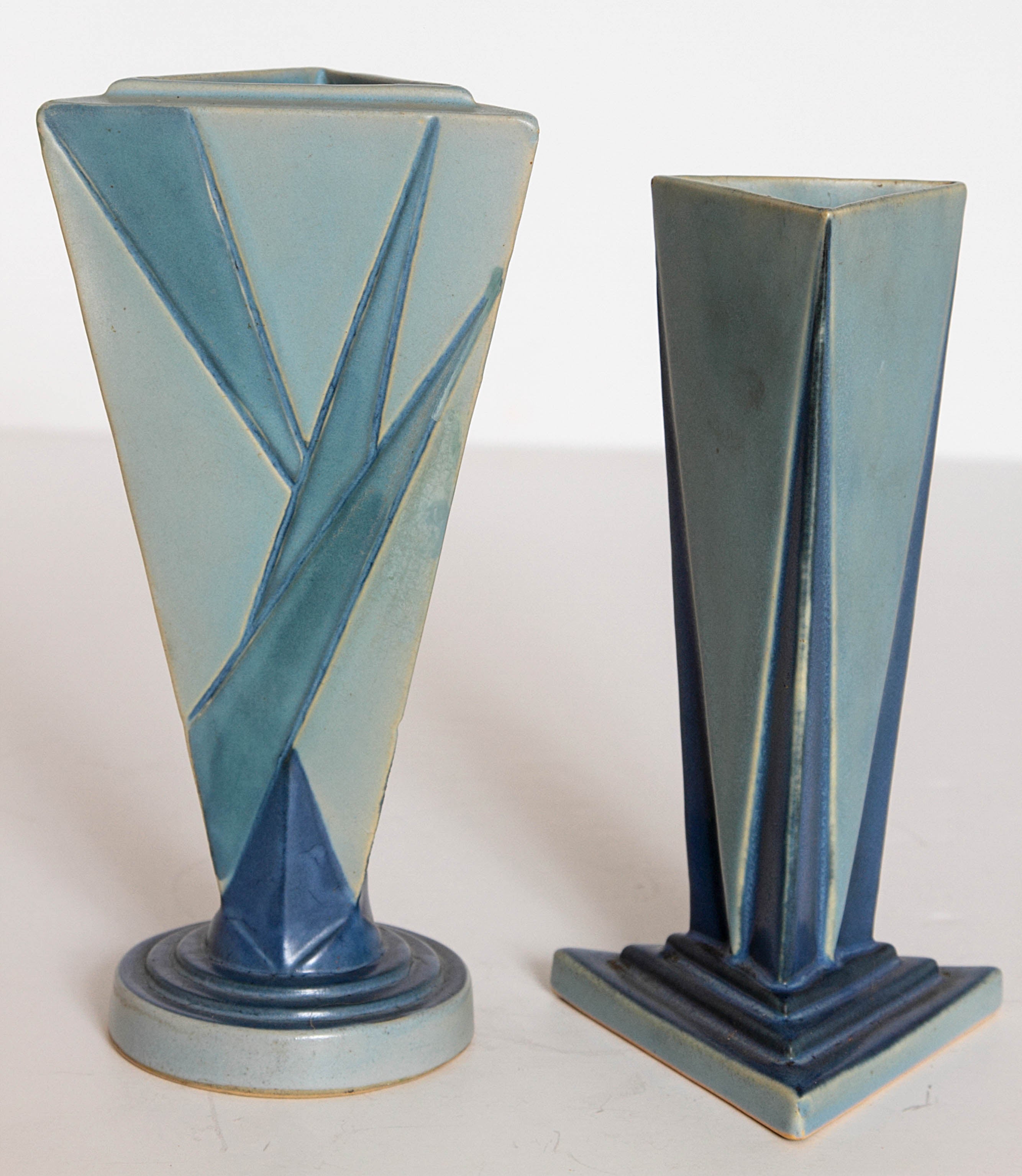 Roseville Futura Big and Little Blue Triangle Vases, Frank Ferrell, 1928