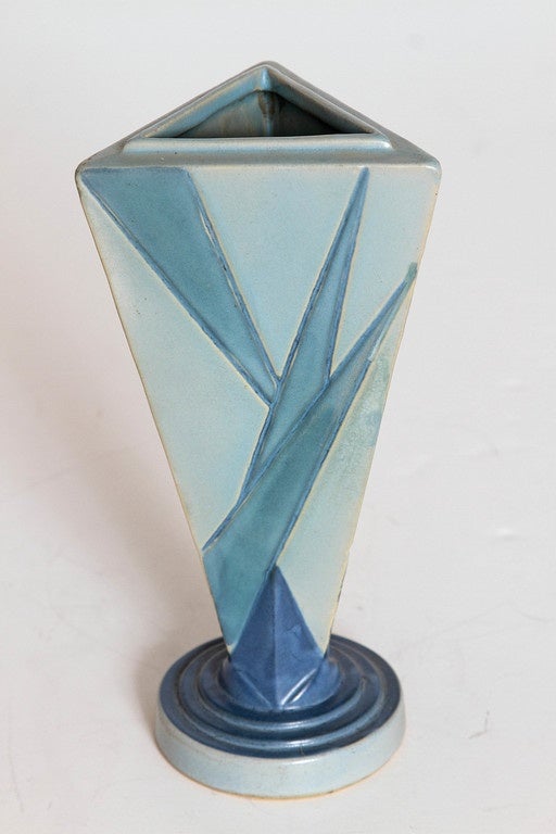 Art Deco Roseville Futura Big and Little Blue Triangle Vases, Frank Ferrell, 1928