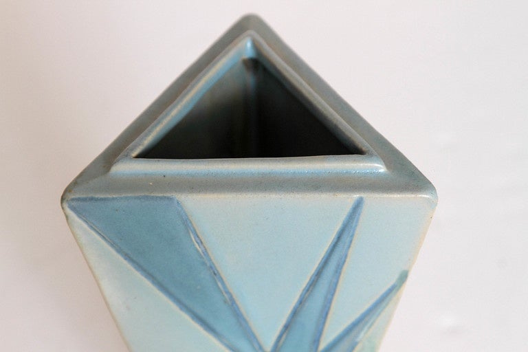 American Roseville Futura Big and Little Blue Triangle Vases, Frank Ferrell, 1928
