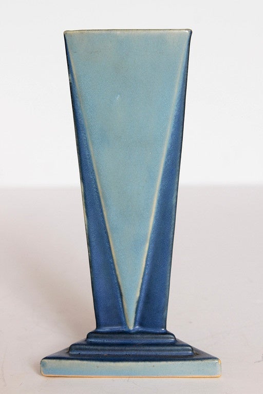 Roseville Futura Big and Little Blue Triangle Vases, Frank Ferrell, 1928 1
