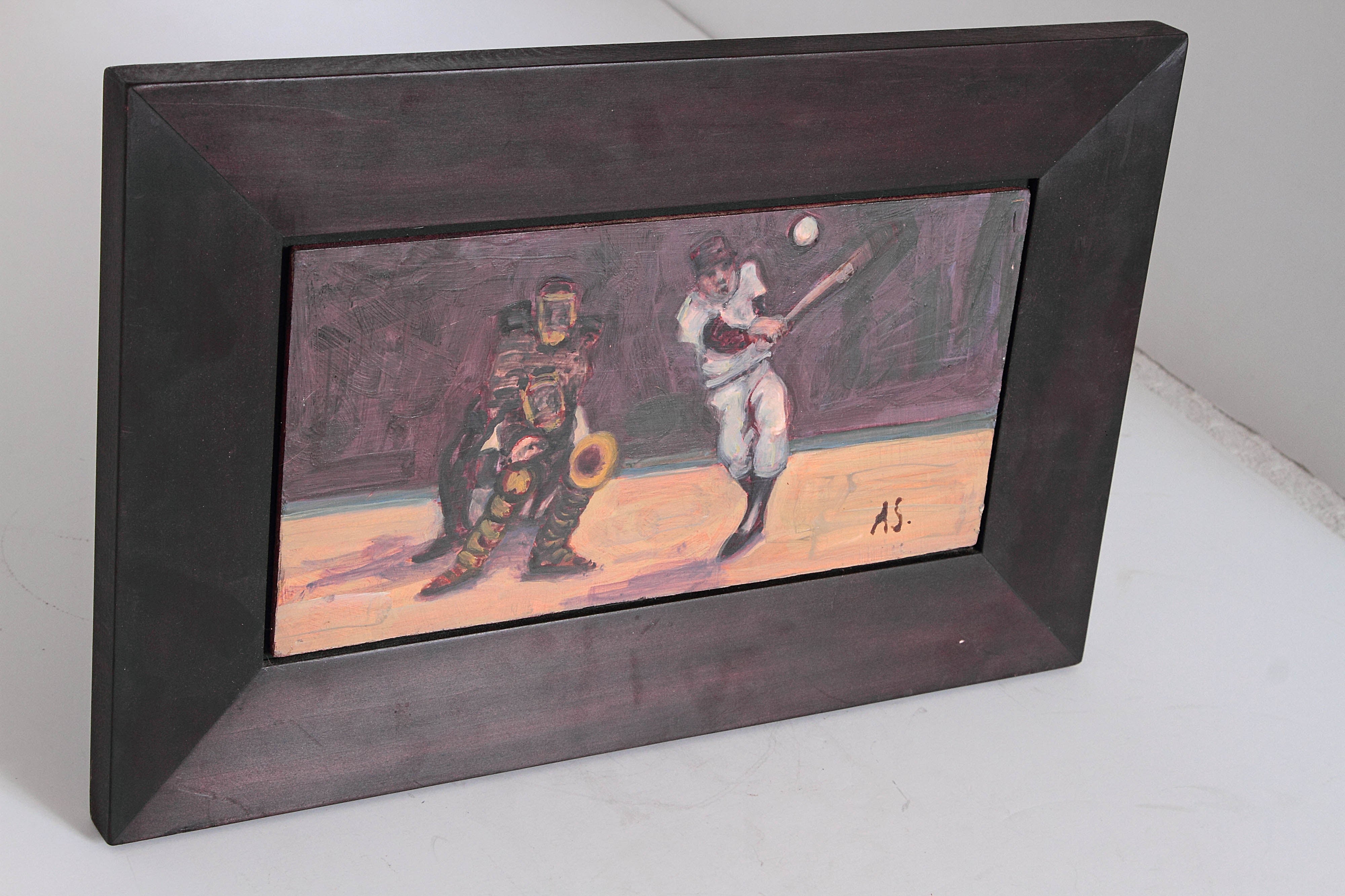 Folk Art Arthur Smith Signed Baseball Scene Oil Painting on Board