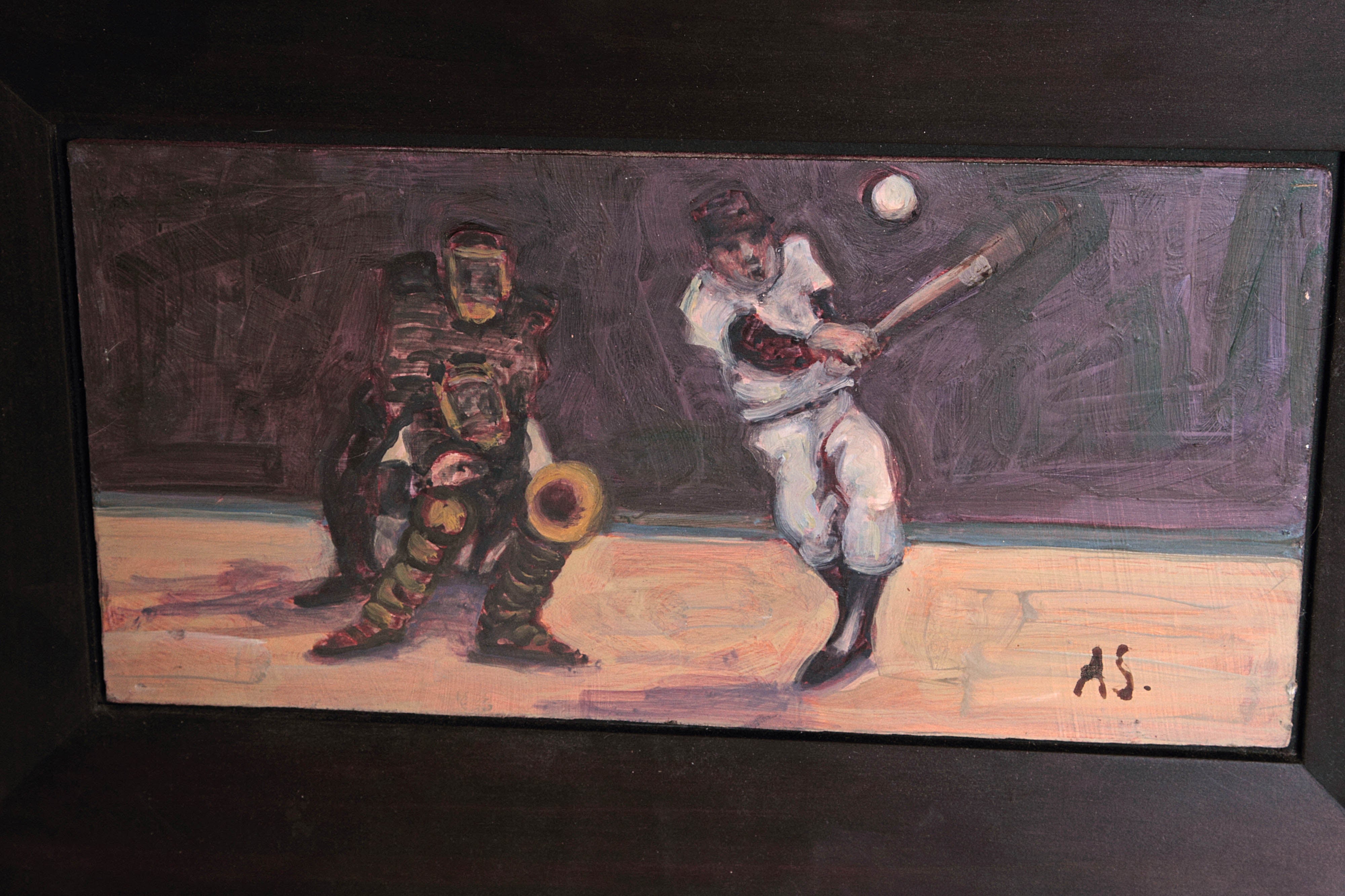 Arthur Smith Signed Baseball Scene Oil Painting on Board 1