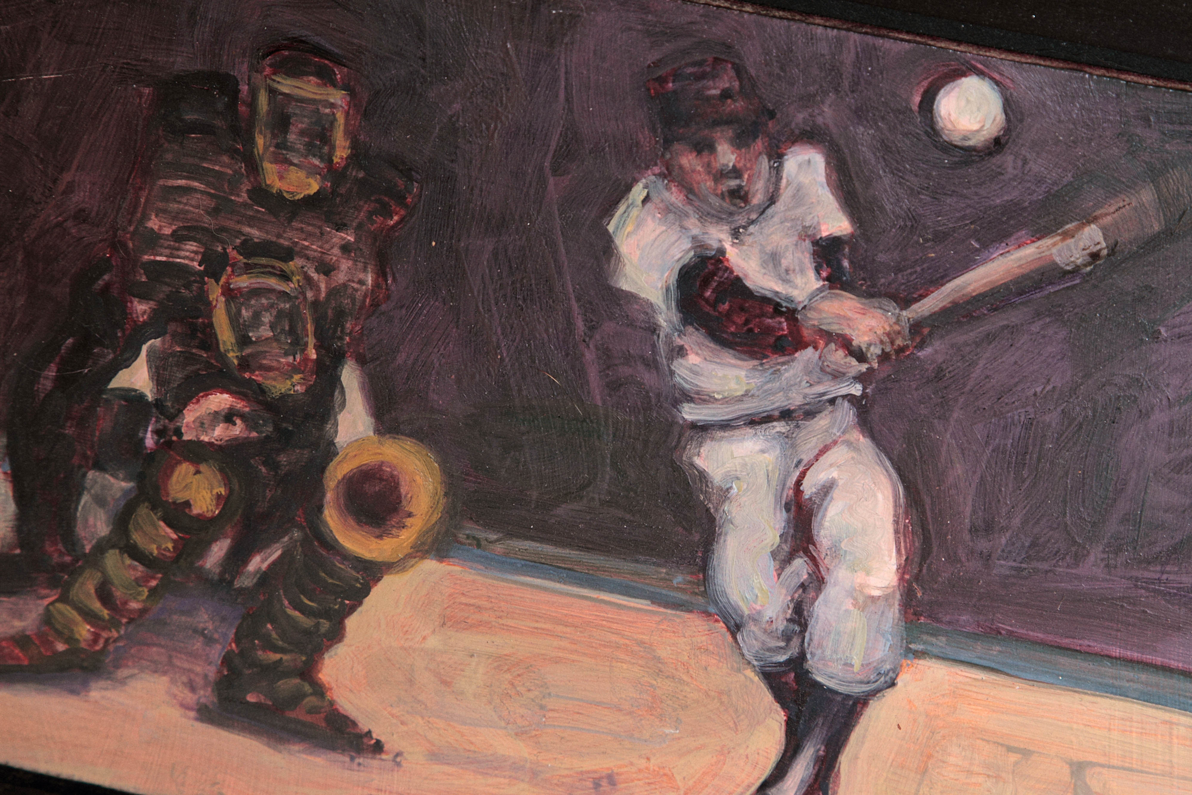 Arthur Smith Signed Baseball Scene Oil Painting on Board 2