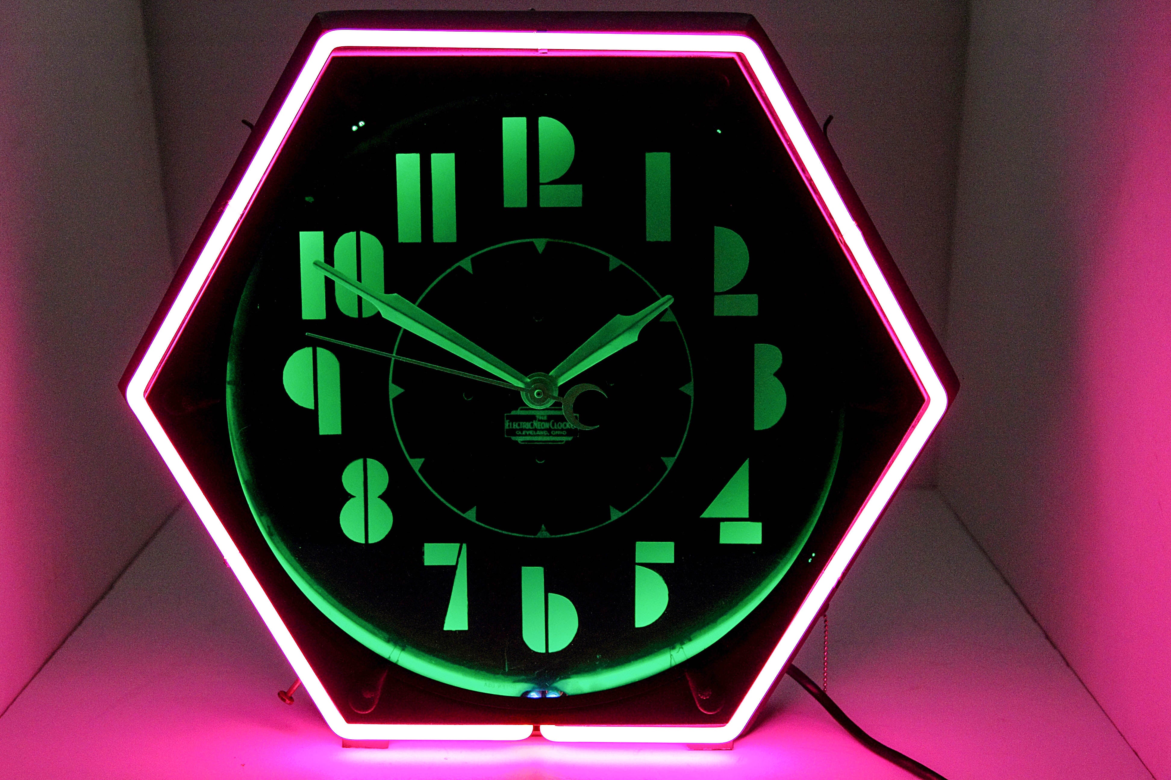 Cleveland Machine Age Hexagonal Art Deco Neon Clock with Fully Restored Works