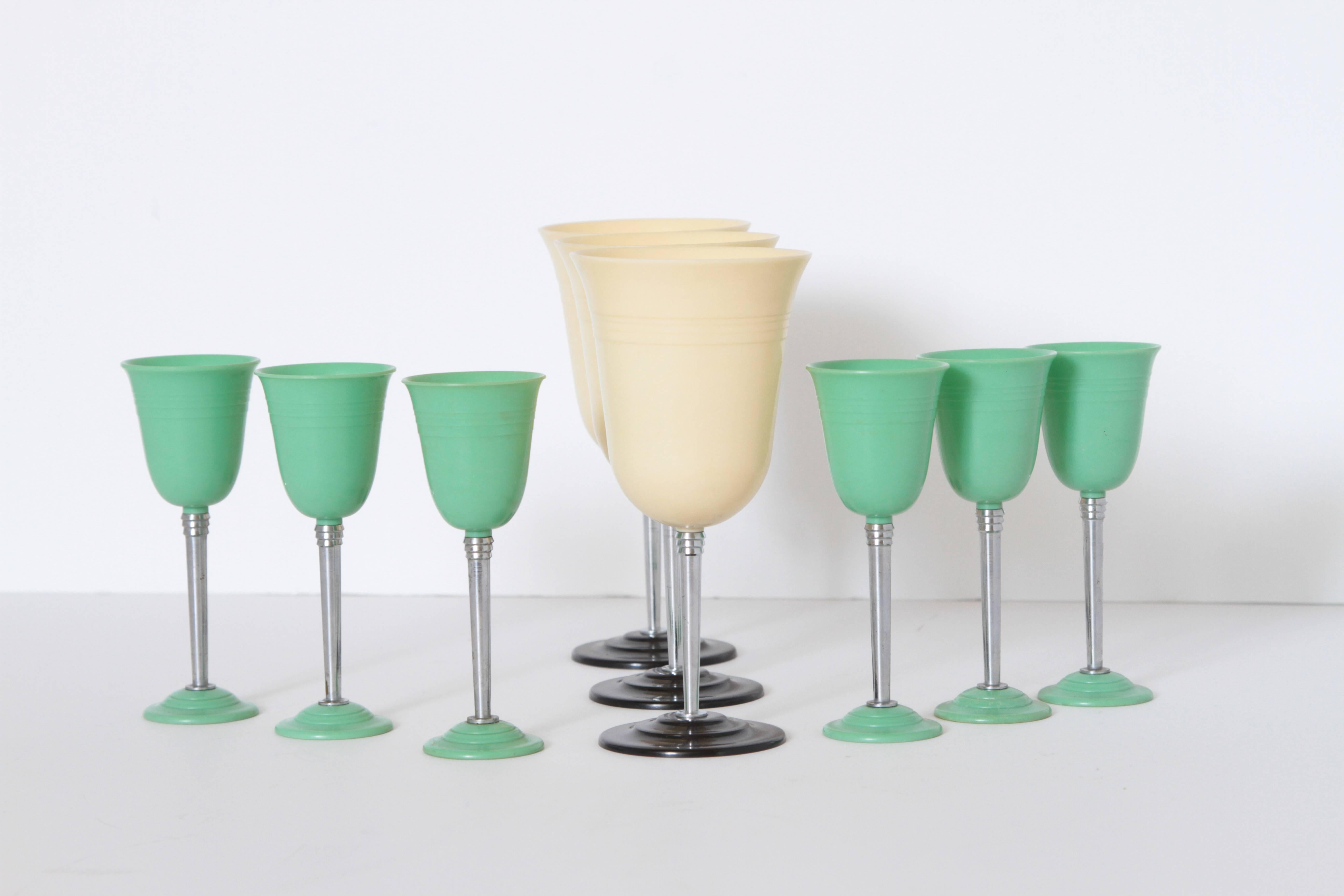 Machine Age Art Deco Nudawn Van Doren & Rideout Stemware set for National Silver, circa 1933.   
Modernist  Streamline Industrial Design

Early set of six Machine Age cordials and three goblets in Nudawn pattern designed by Harold Van Doren and John