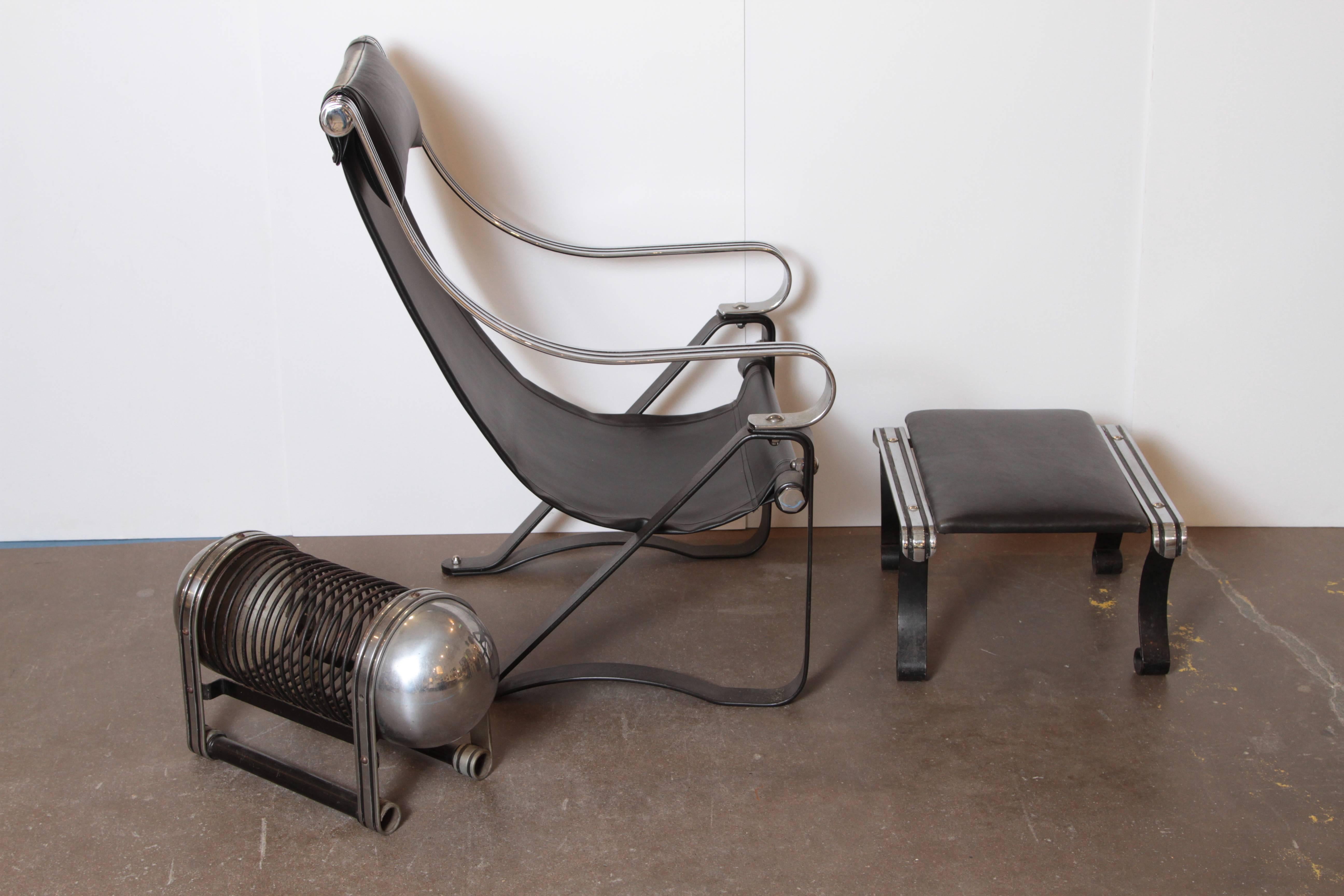 Mid-20th Century McKay Craft Machine Age Art Deco Lounge Suite: Chair/ Ottoman/ Magazine Rack For Sale
