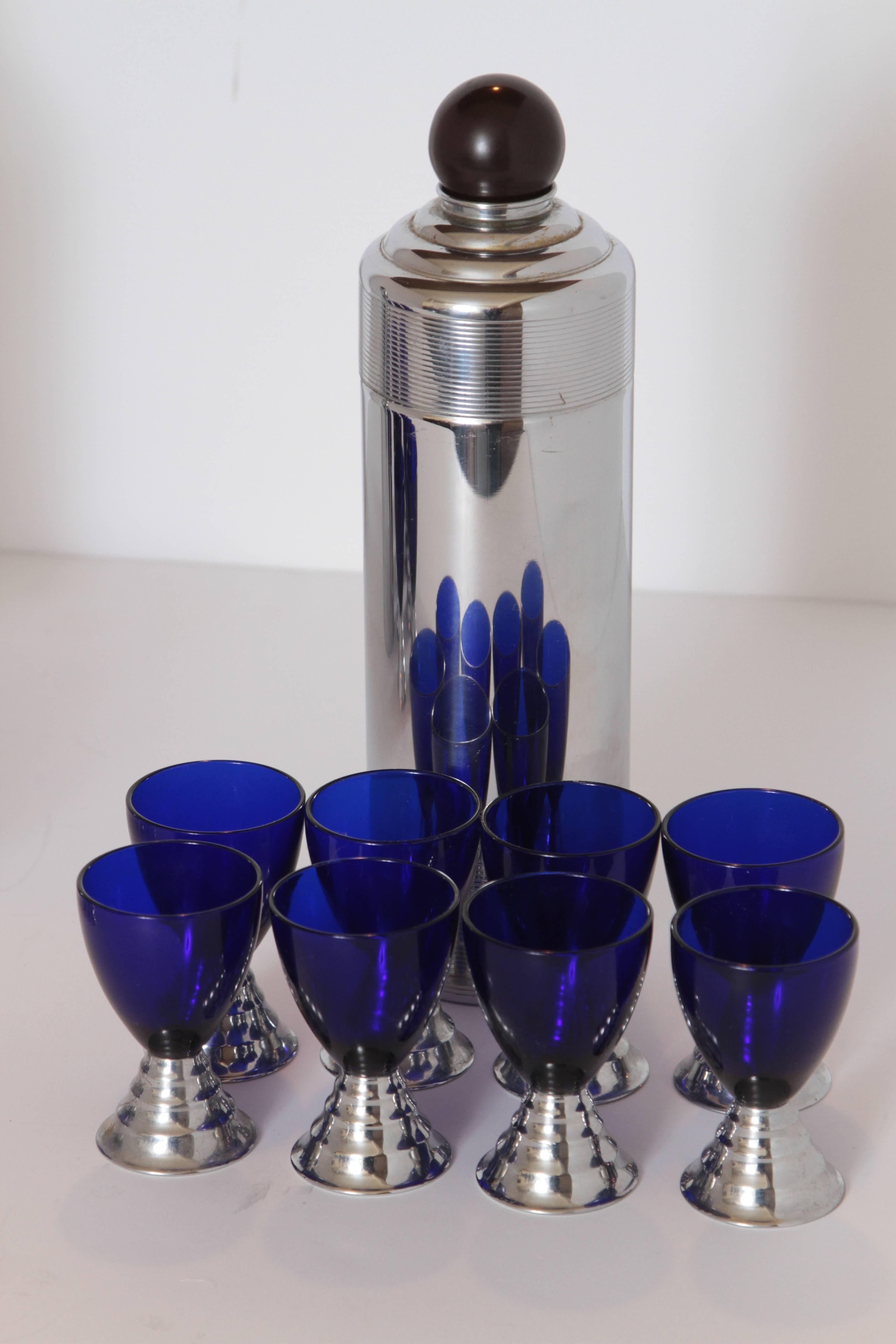 Machine Age Art Deco Chase Chrome Blue Moon Cocktail Sets (ONE SET SOLD) In Good Condition In Dallas, TX