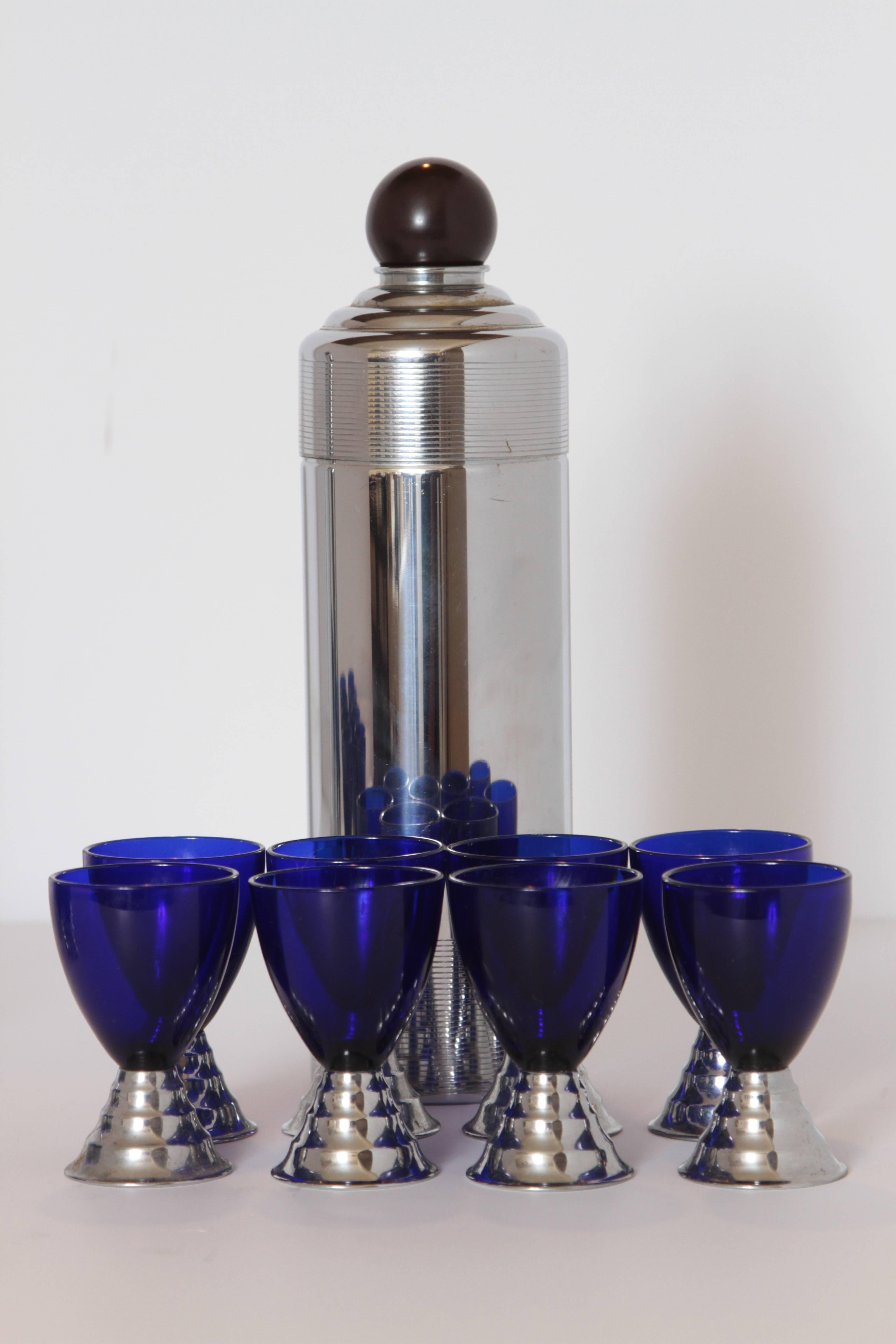 Mid-20th Century Machine Age Art Deco Chase Chrome Blue Moon Cocktail Sets (ONE SET SOLD)