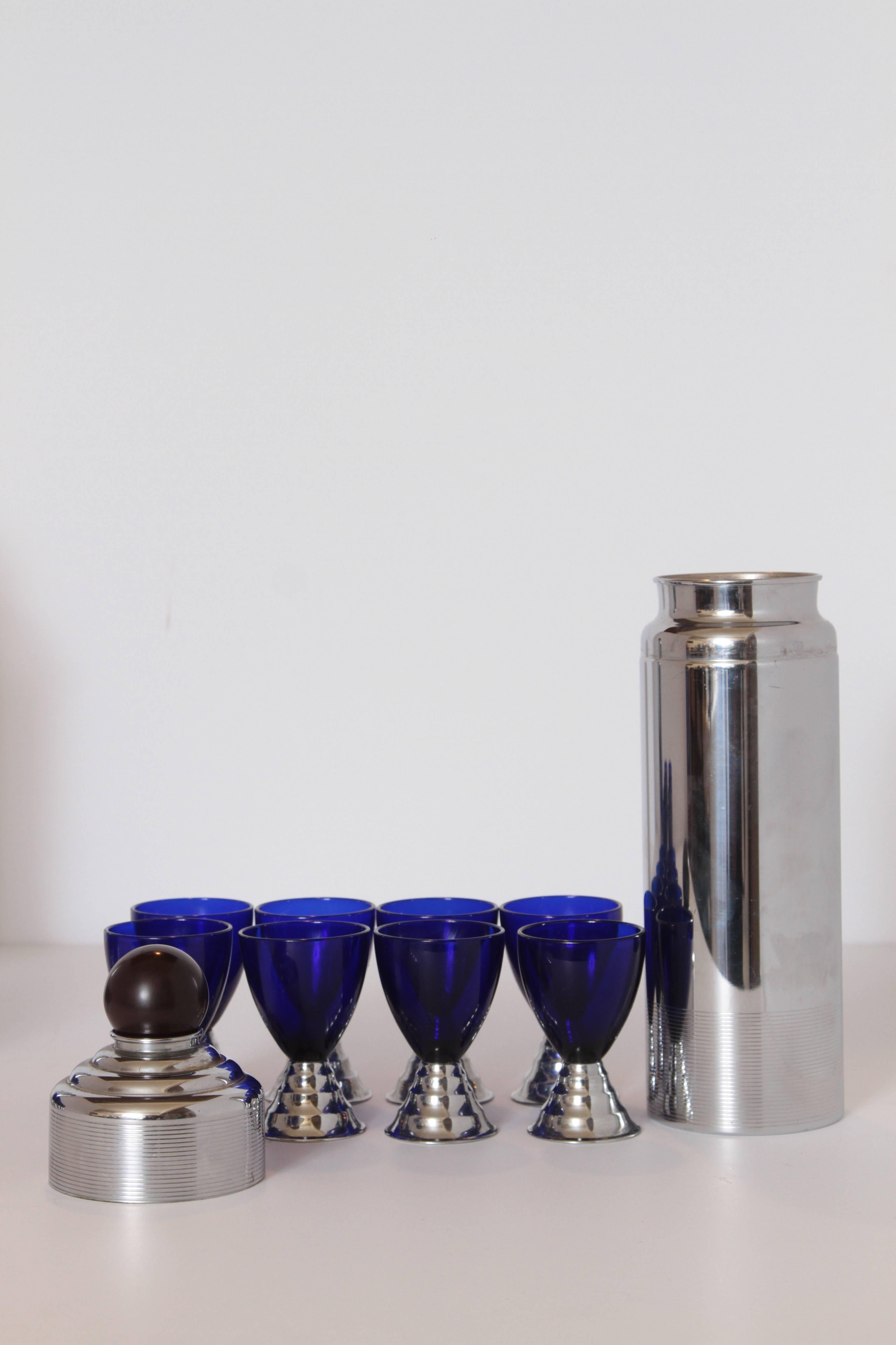 Glass Machine Age Art Deco Chase Chrome Blue Moon Cocktail Sets (ONE SET SOLD)