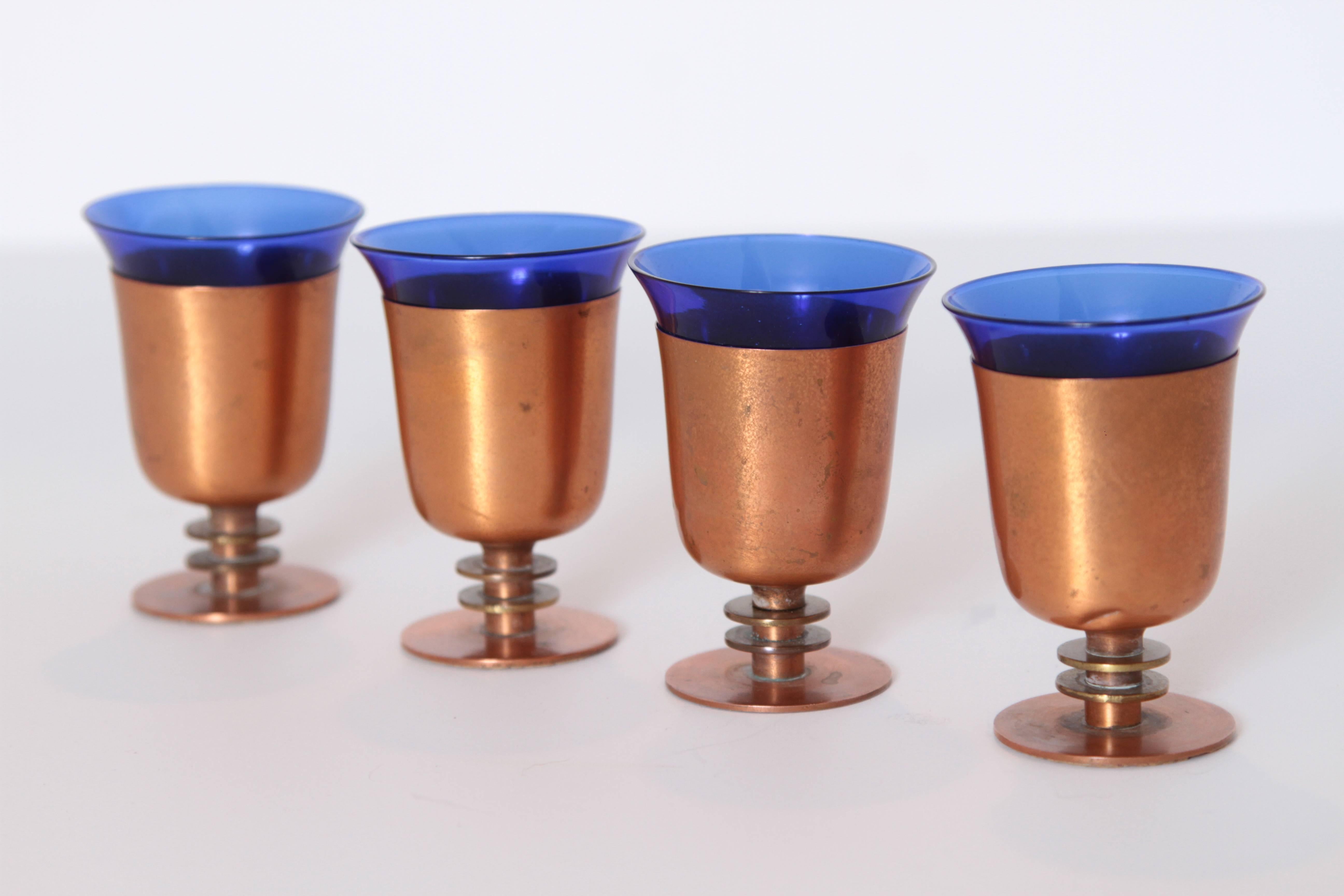 American Machine Age Art Deco Walter Von Nessen Cocktail Cups Set of Four Copper & Brass For Sale