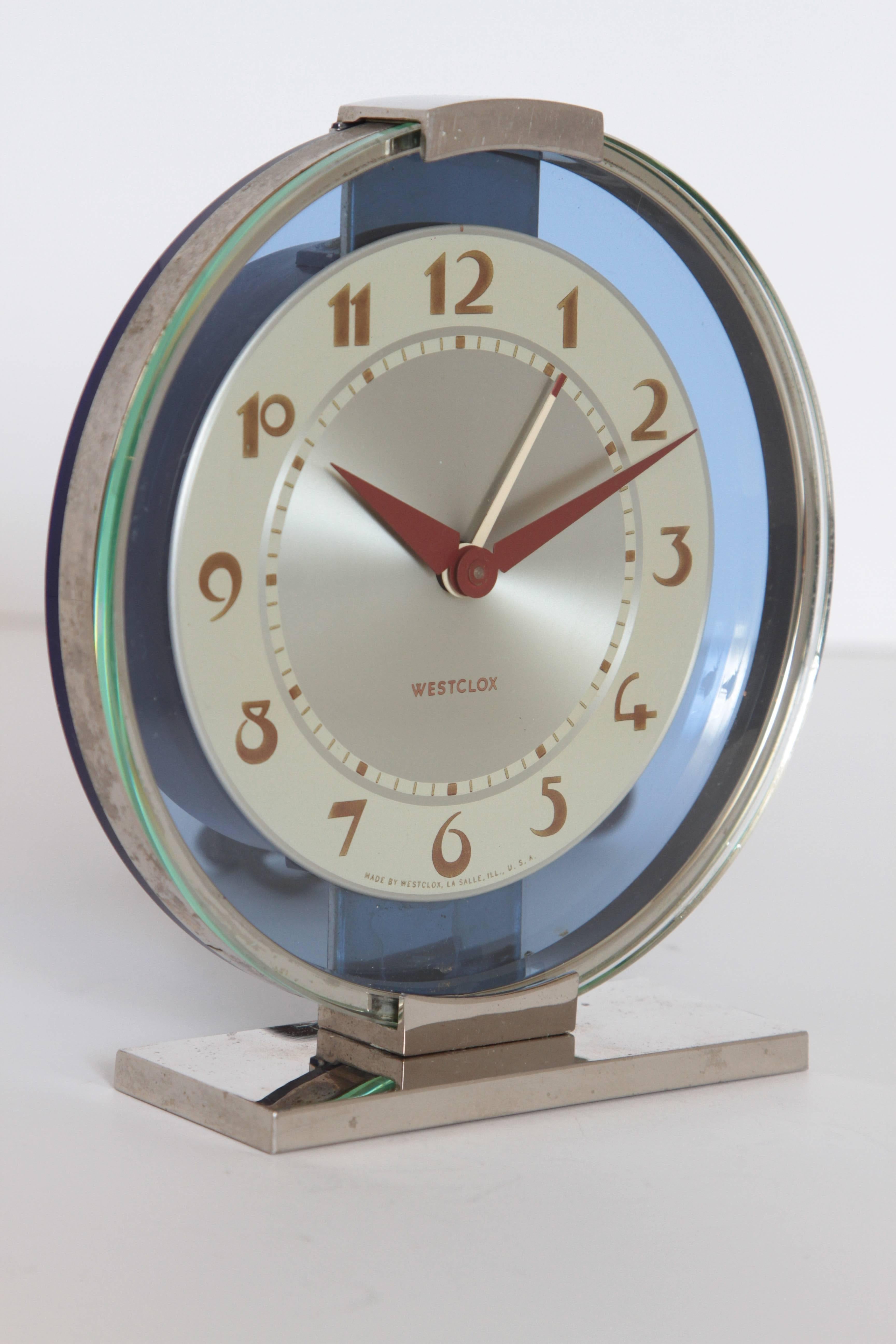 Machine Age Art Deco Westclox Desk Clock Chrome with Cobalt Glass In Good Condition In Dallas, TX