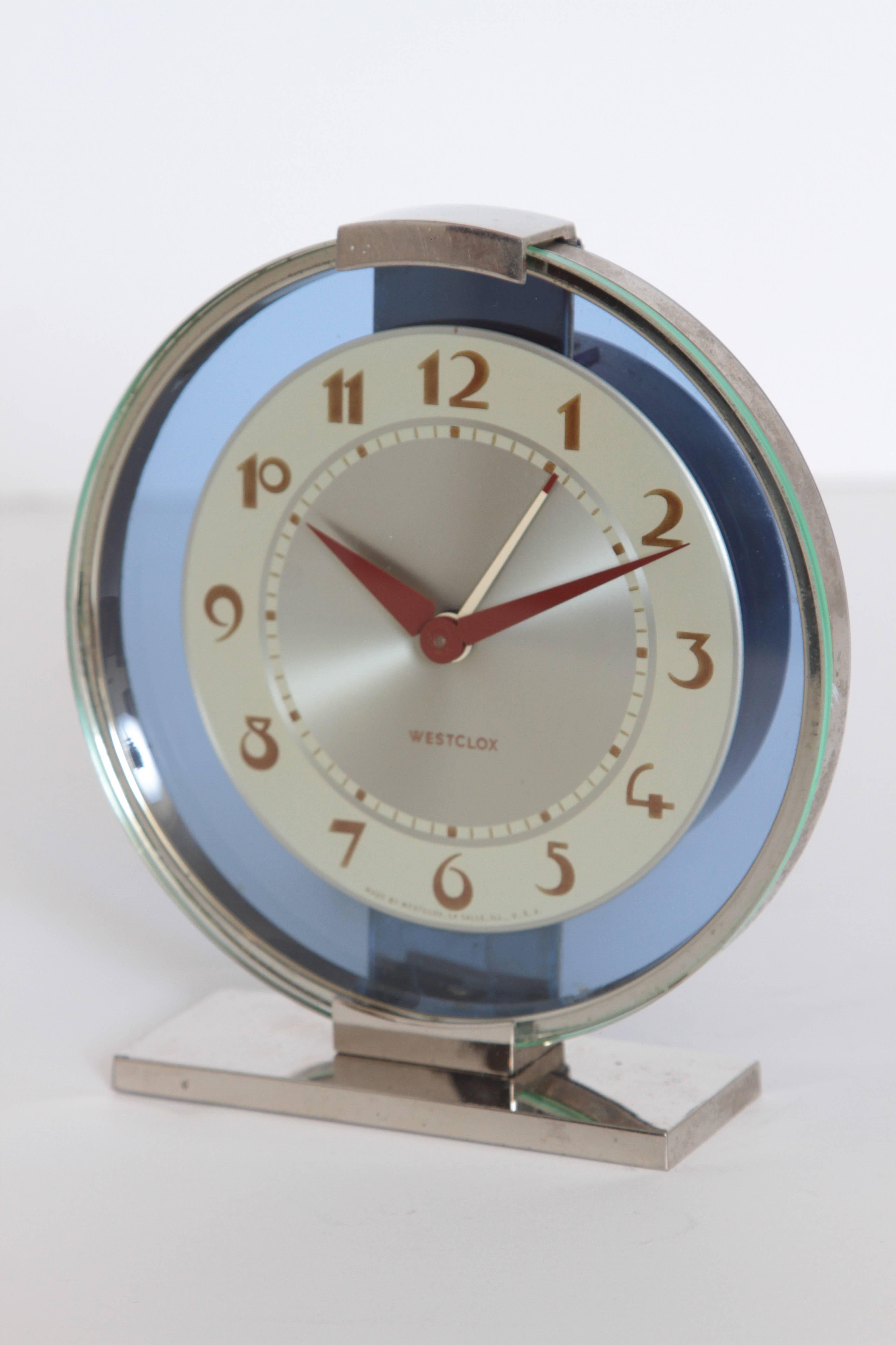 Machine Age Art Deco Westclox Desk Clock Chrome with Cobalt Glass 2