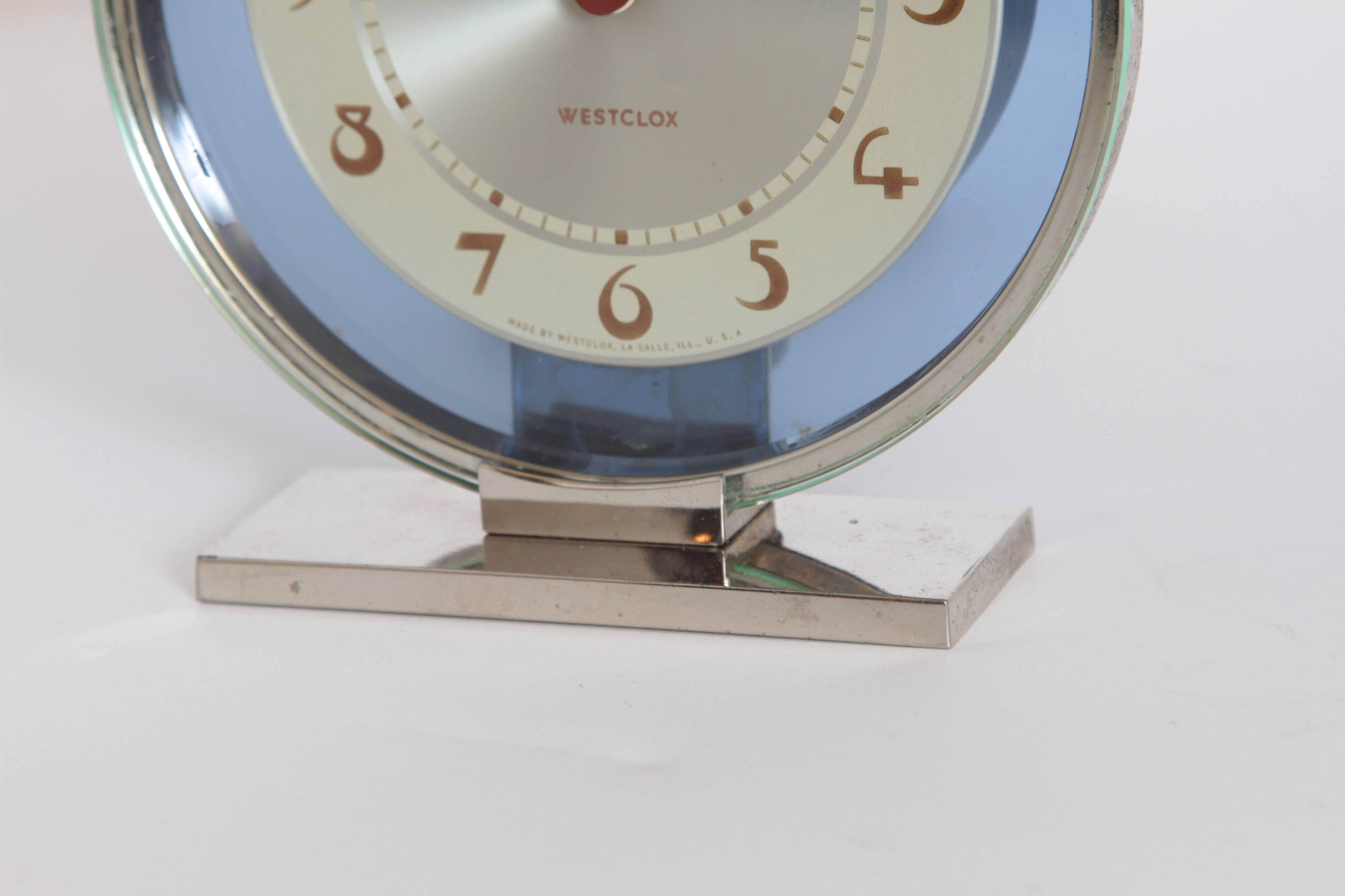 American Machine Age Art Deco Westclox Desk Clock Chrome with Cobalt Glass