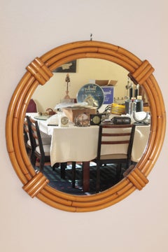 Art Deco Streamline Rattan Wall Mirror, Triple Band, Manner of Paul Frankl