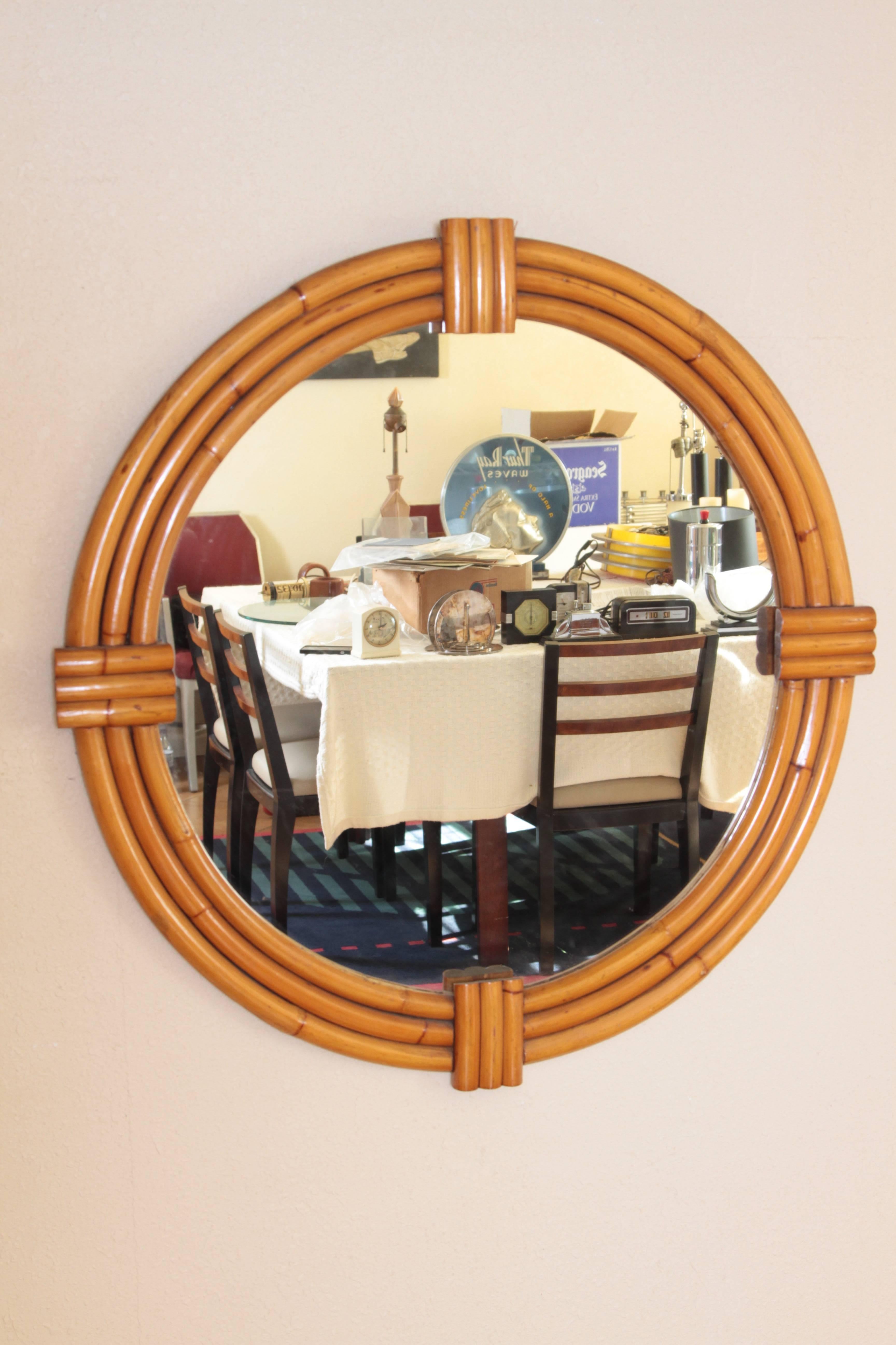 Art Deco Streamline Rattan Wall Mirror, Triple Band, Manner of Paul Frankl For Sale 2