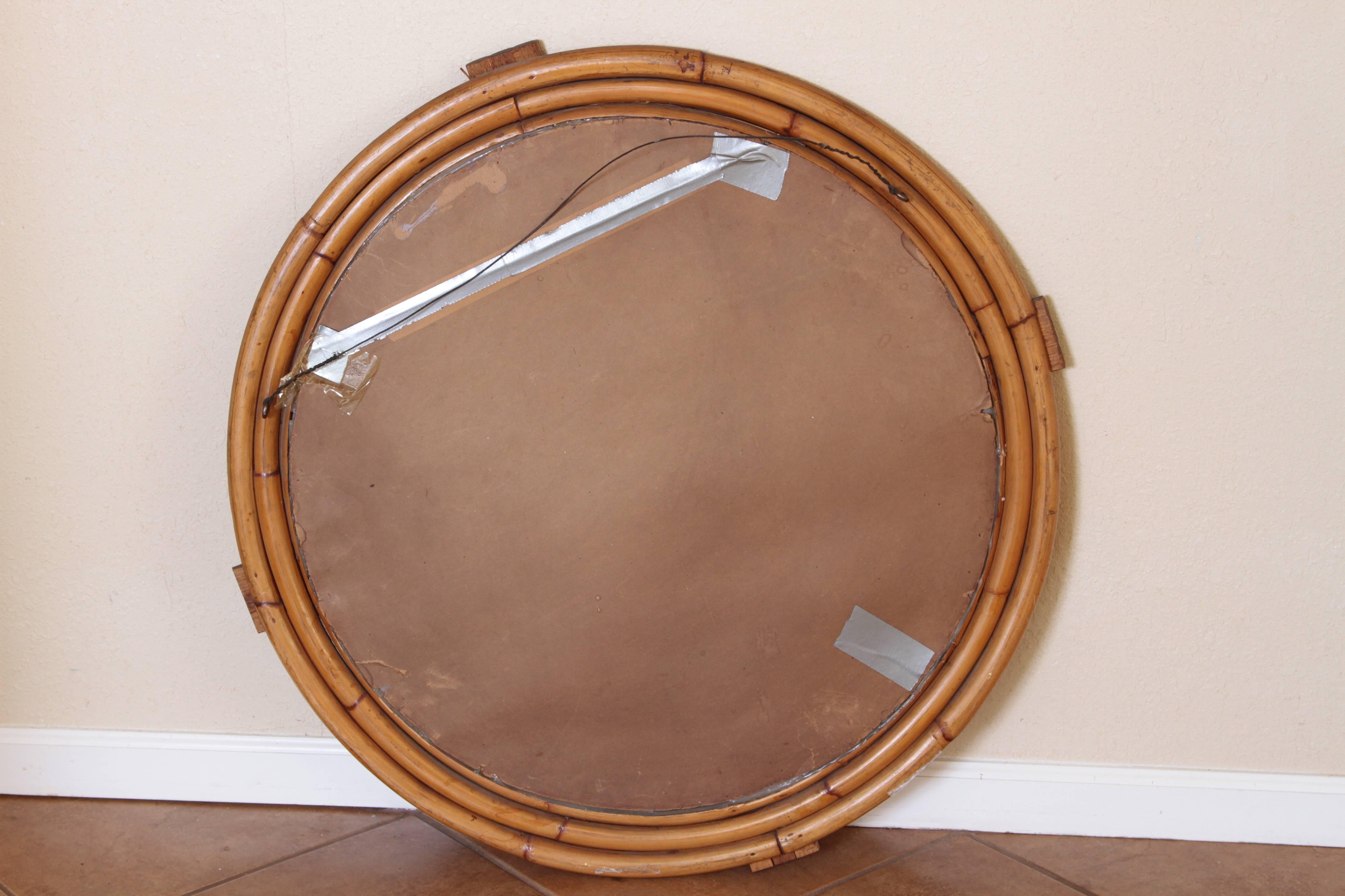 Art Deco Streamline Rattan Wall Mirror, Triple Band, Manner of Paul Frankl For Sale 1