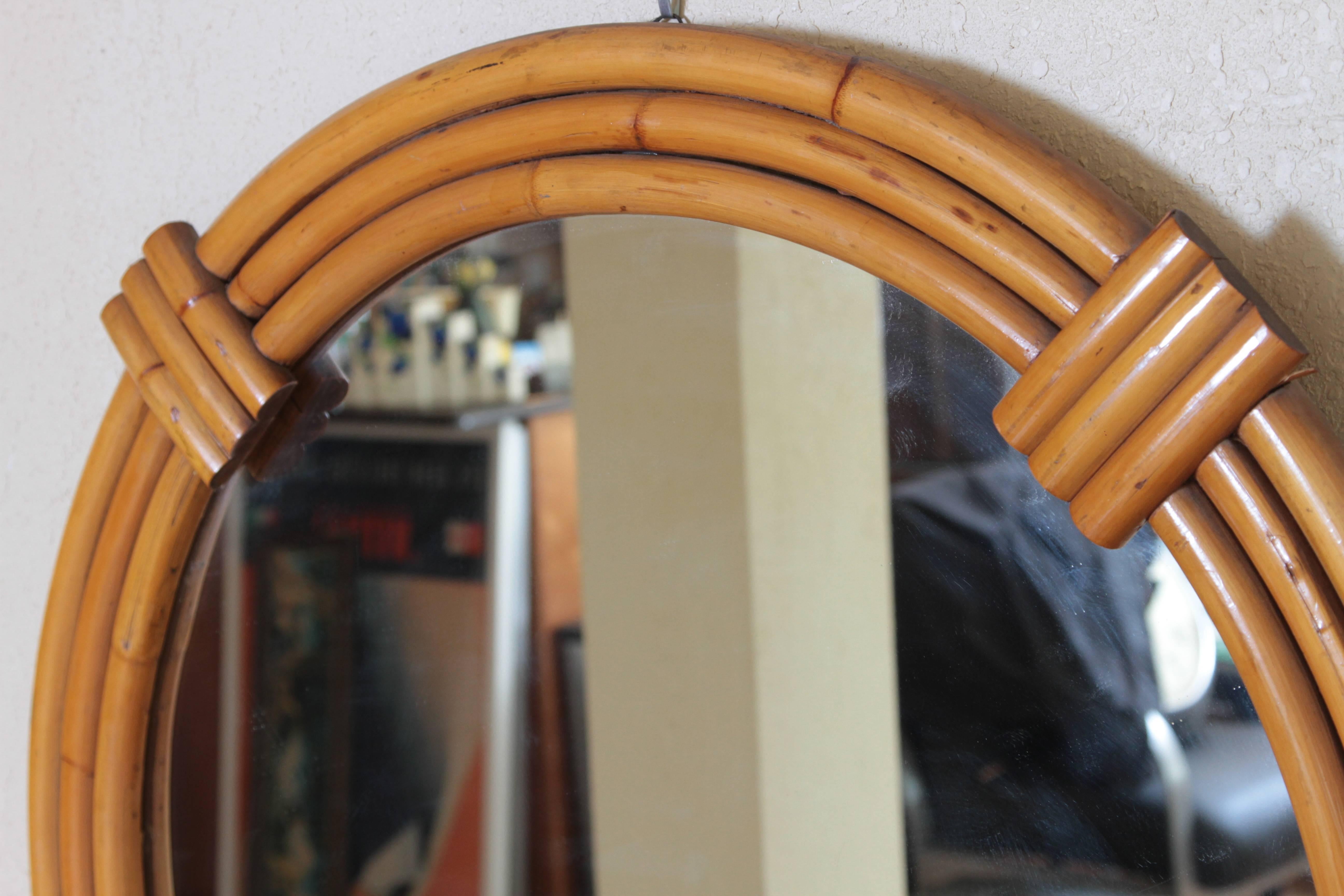 Art Deco Streamline Rattan Wall Mirror, Triple Band, Manner of Paul Frankl In Good Condition For Sale In Dallas, TX